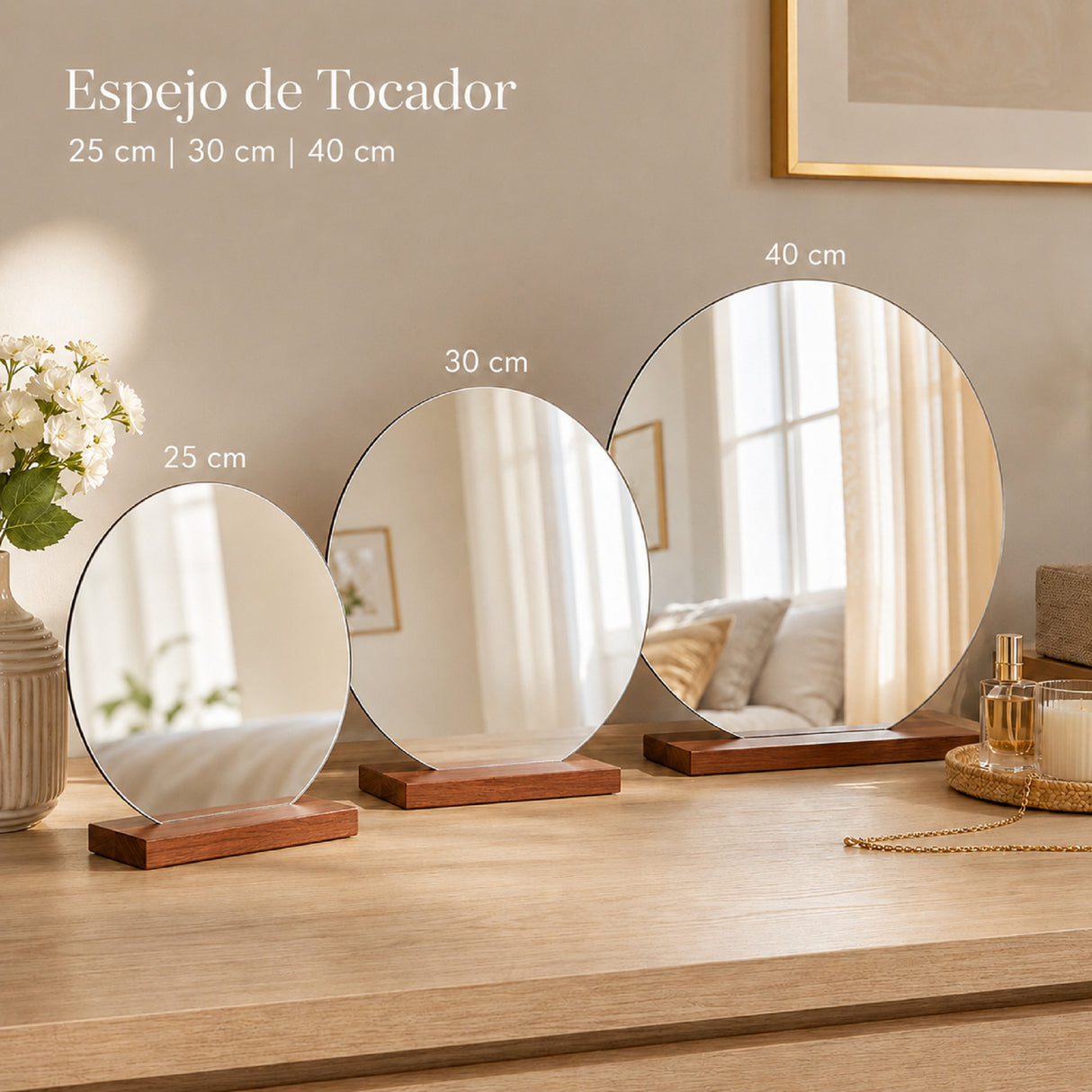 Espejo de Tocador 25x25cm Redondo con Base de Madera Color Caoba