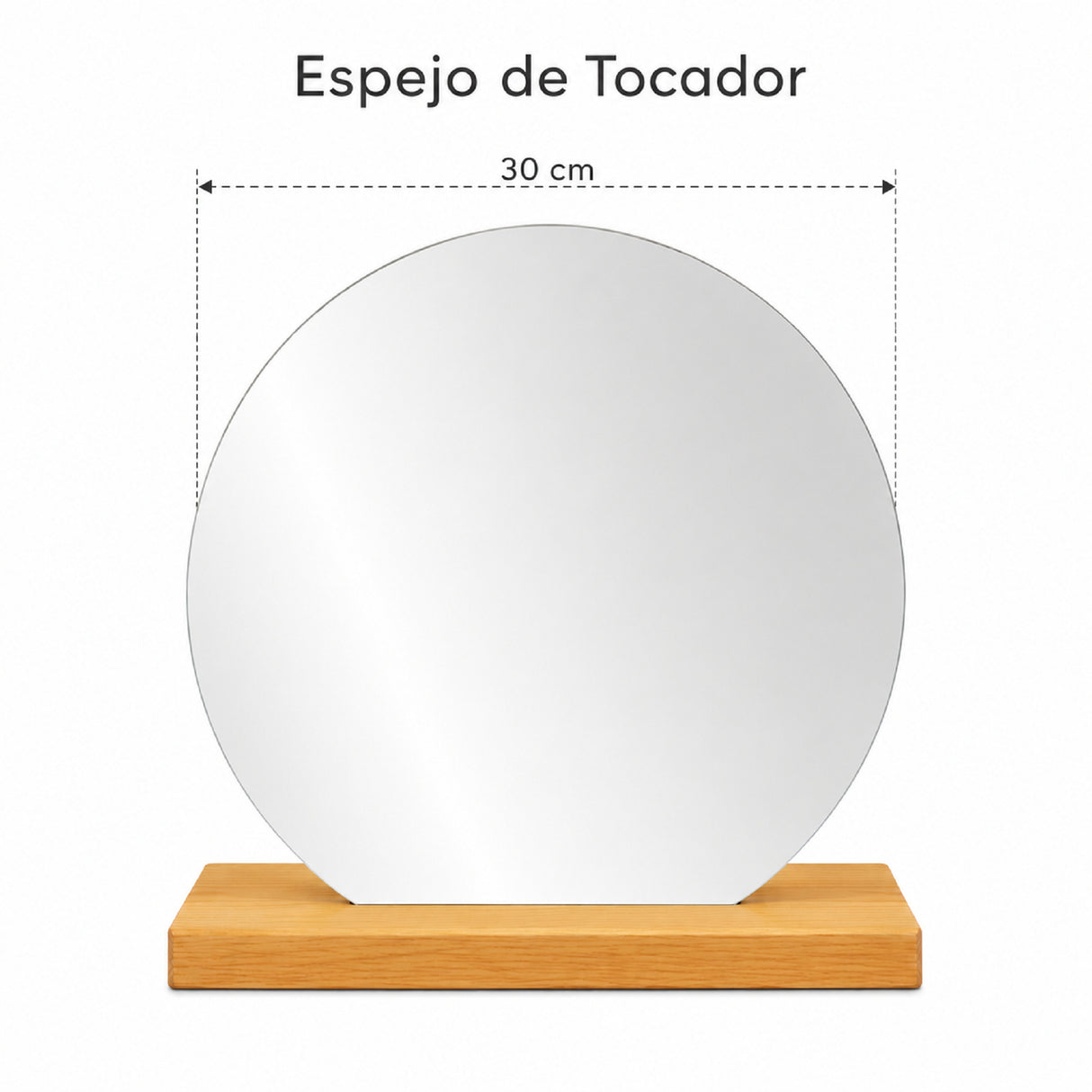 Espejo de Tocador 30x30cm Redondo con Base de Madera Color Natural