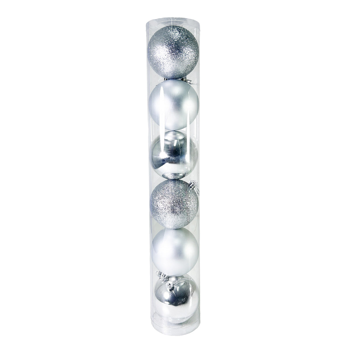 Tubo X 6 Bolas Navideñas Combinada Plata 8x8cm con Acabado Mixto Reutilizable