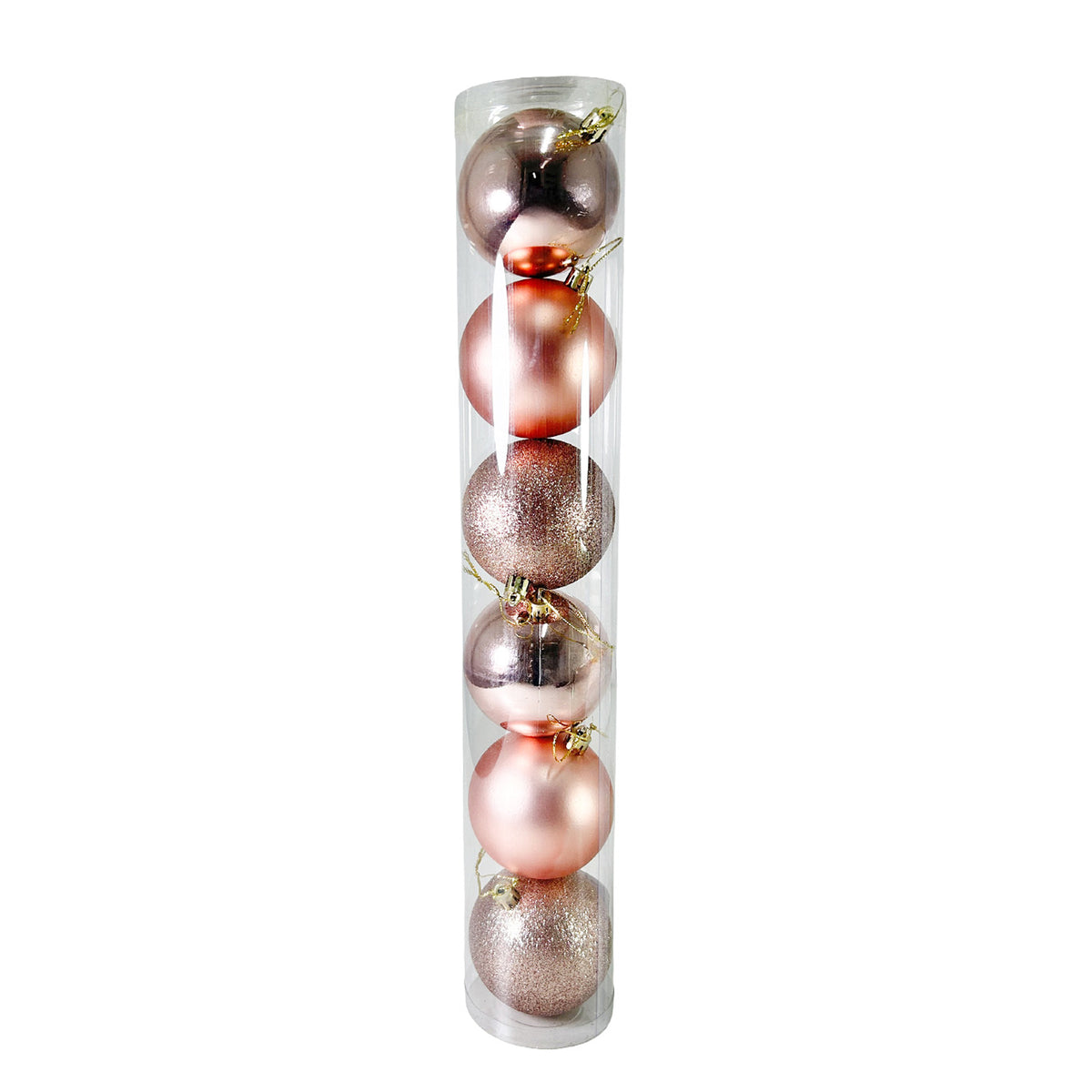 Tubo X 6 Bolas Navideñas Combinada Oro rosa 8x8cm con Acabado Mixto Reutilizable