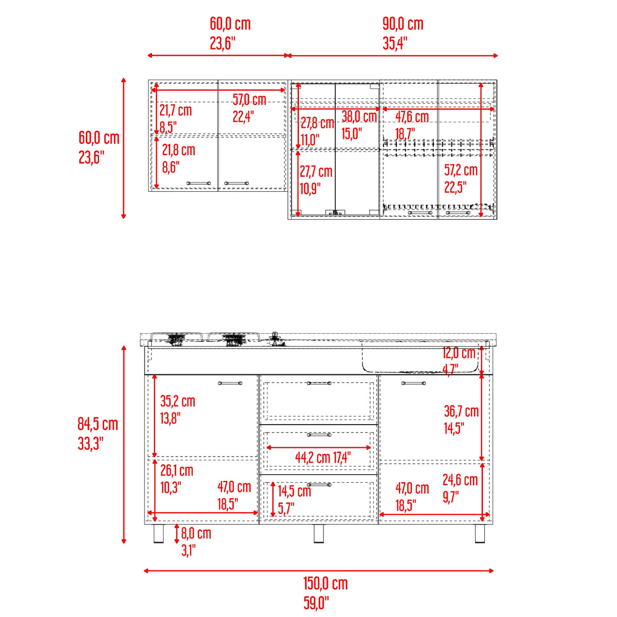 Cocina Lumina Blanco Positano 150x210cm con Mesón de Acero Inoxidable Lado Derecho y con Estufa