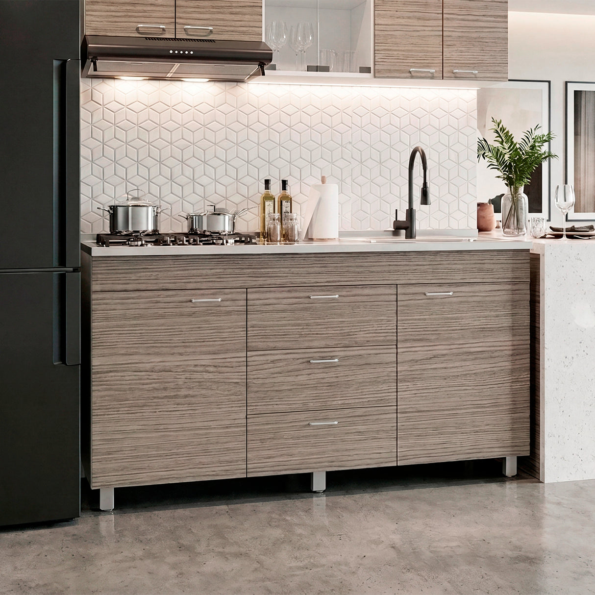 Mueble Inferior de Cocina Lumina Blanco Positano 150x84.5cm con Mesón de Acero Inoxidable Lado Derecho y con Estufa