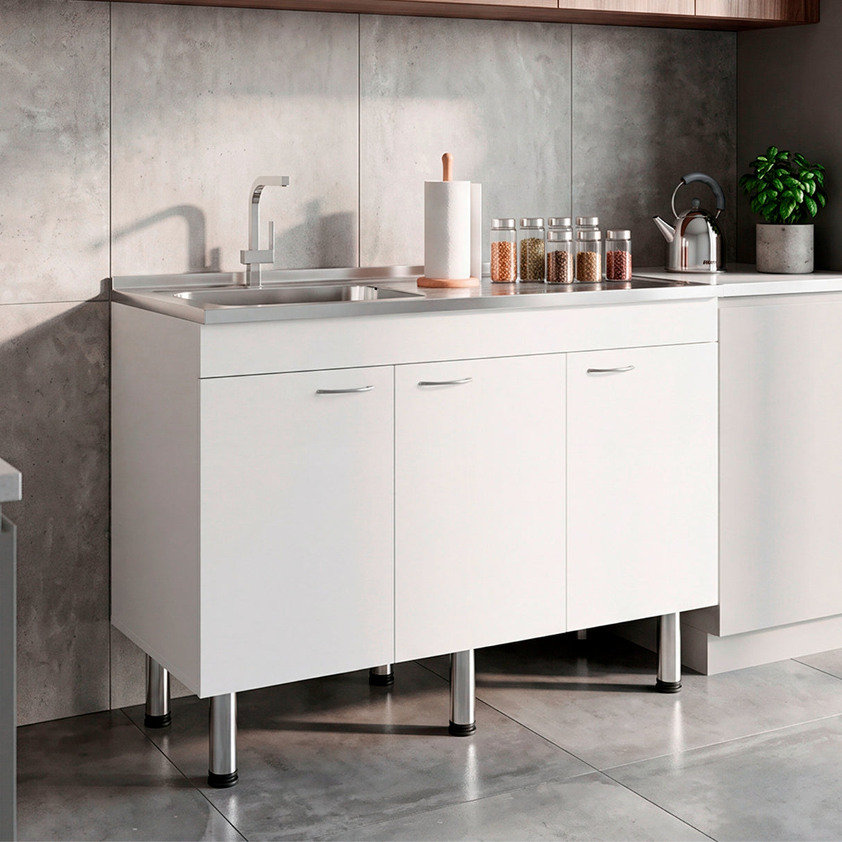 Mueble Inferior de Cocina Oceana Blanco 120x90cm con Mesón de Acero Inoxidable Lado Izquierdo y sin Estufa