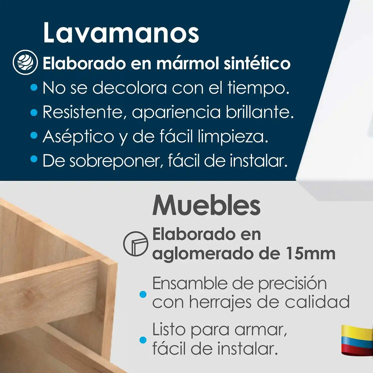 Kit Mueble con Lavamanos Siena Gracia Sikuani y Blanco 46.8x42.4cm Individual con Un Cajón
