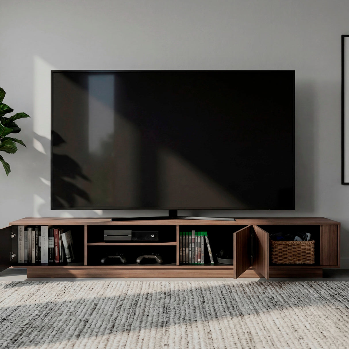 Rack de TV Maldivas Avellana y Wengue 230x40cm para TV Hasta 85" Pulgadas con Dos Compartimientos