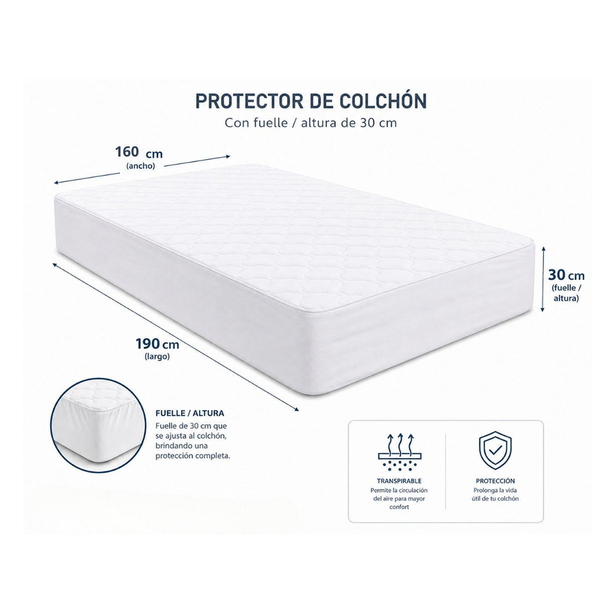 Protector de Colchón Transpirable Beige para Colchón Queen 160 X 190 Cm Acolchado 300 Hilos