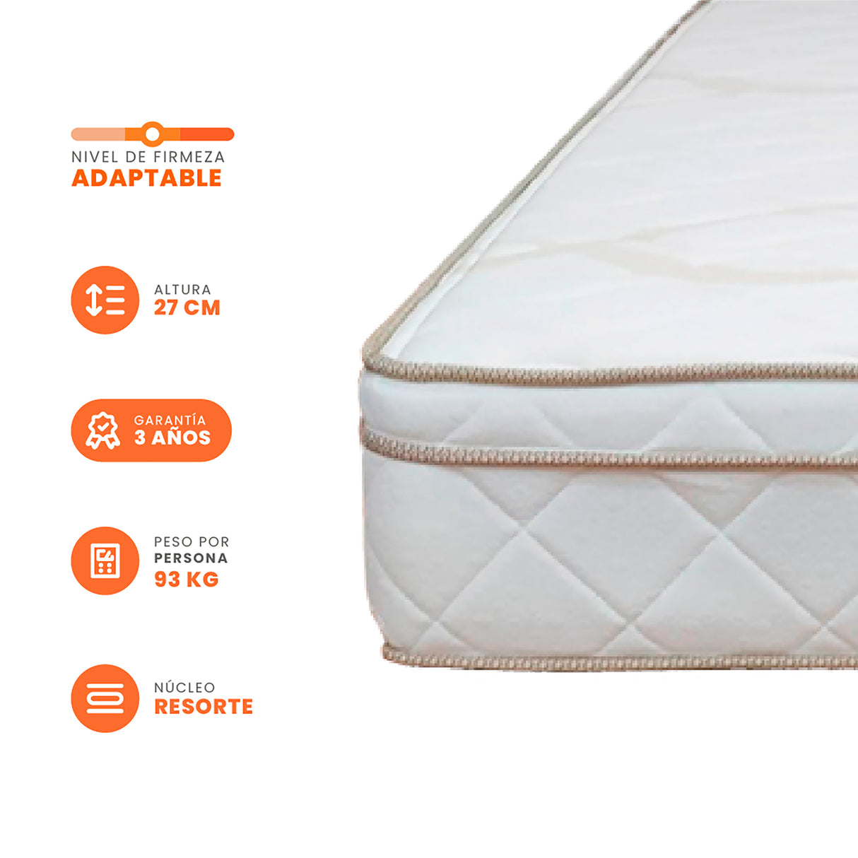 Colchón Prana Blanco y Beige Semidoble 120 X 190 Cm Medio Suave Hipoalergénico