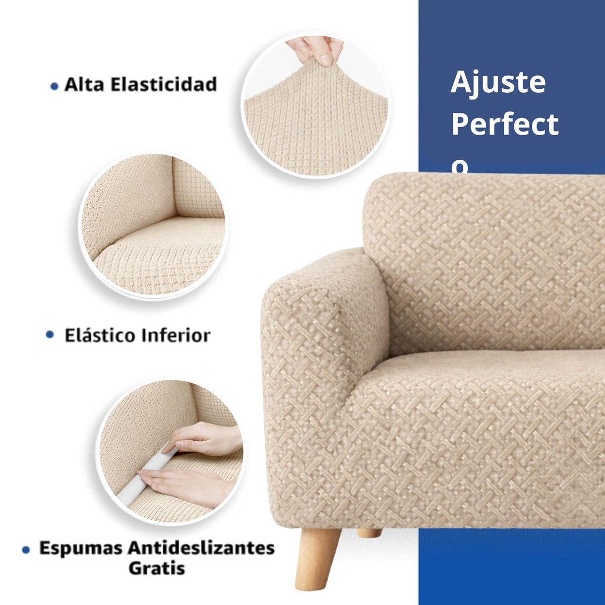 Protector de Sofá Elástico Beige 180x180cm Para Sofás de Tres Puestos Doble Faz