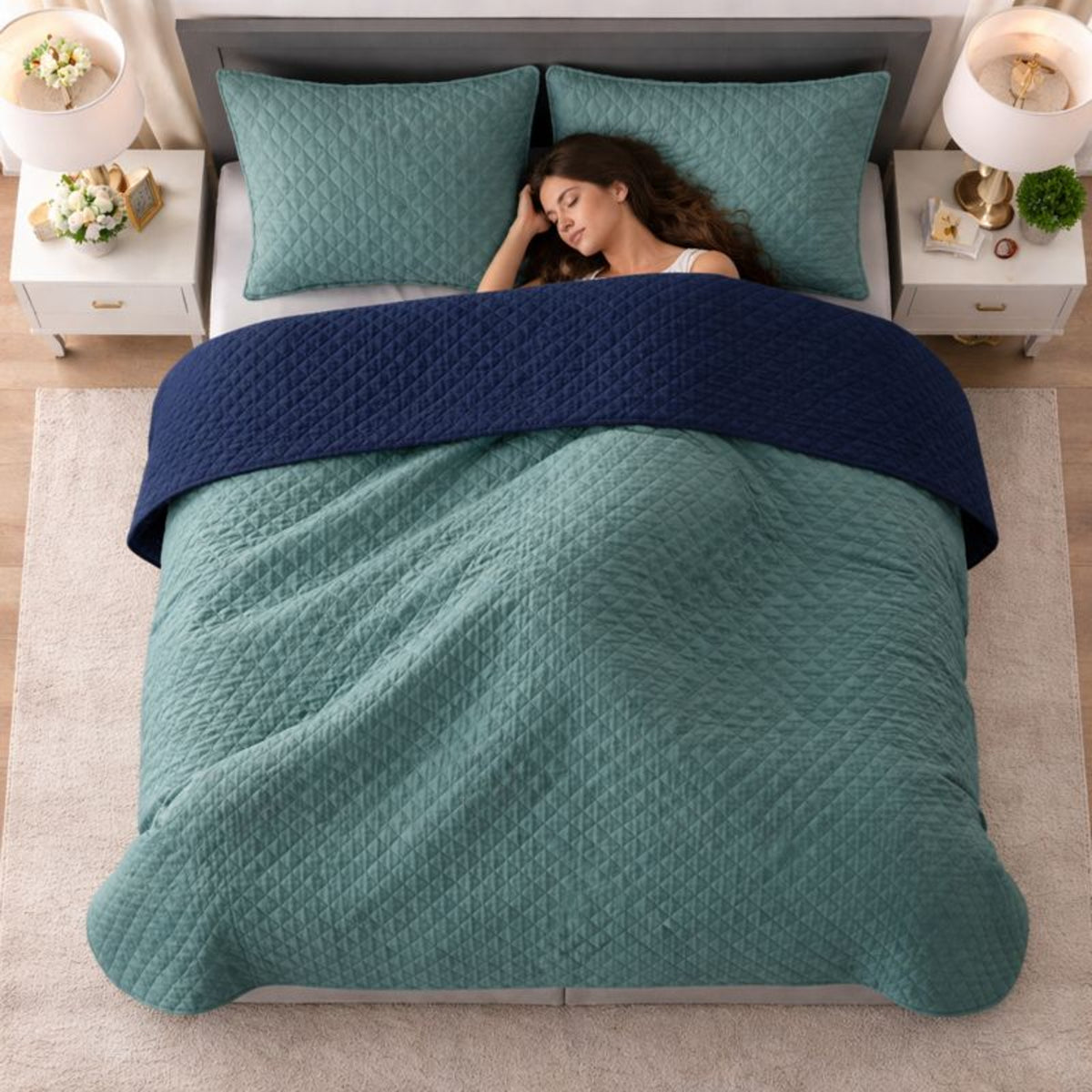 Colcha Doble Faz Verde y Azul 220x220cm para Colchón Queen 160 X 190 Cm Sin Acolchado Sin Relleno Fondo Entero