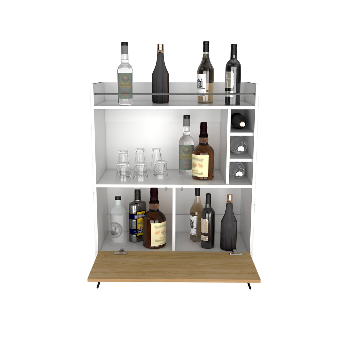 Bar Tori Blanco Marquez y Fresno 80x107.1cm con Cuatro Compartimientos y Tres Portabotellas