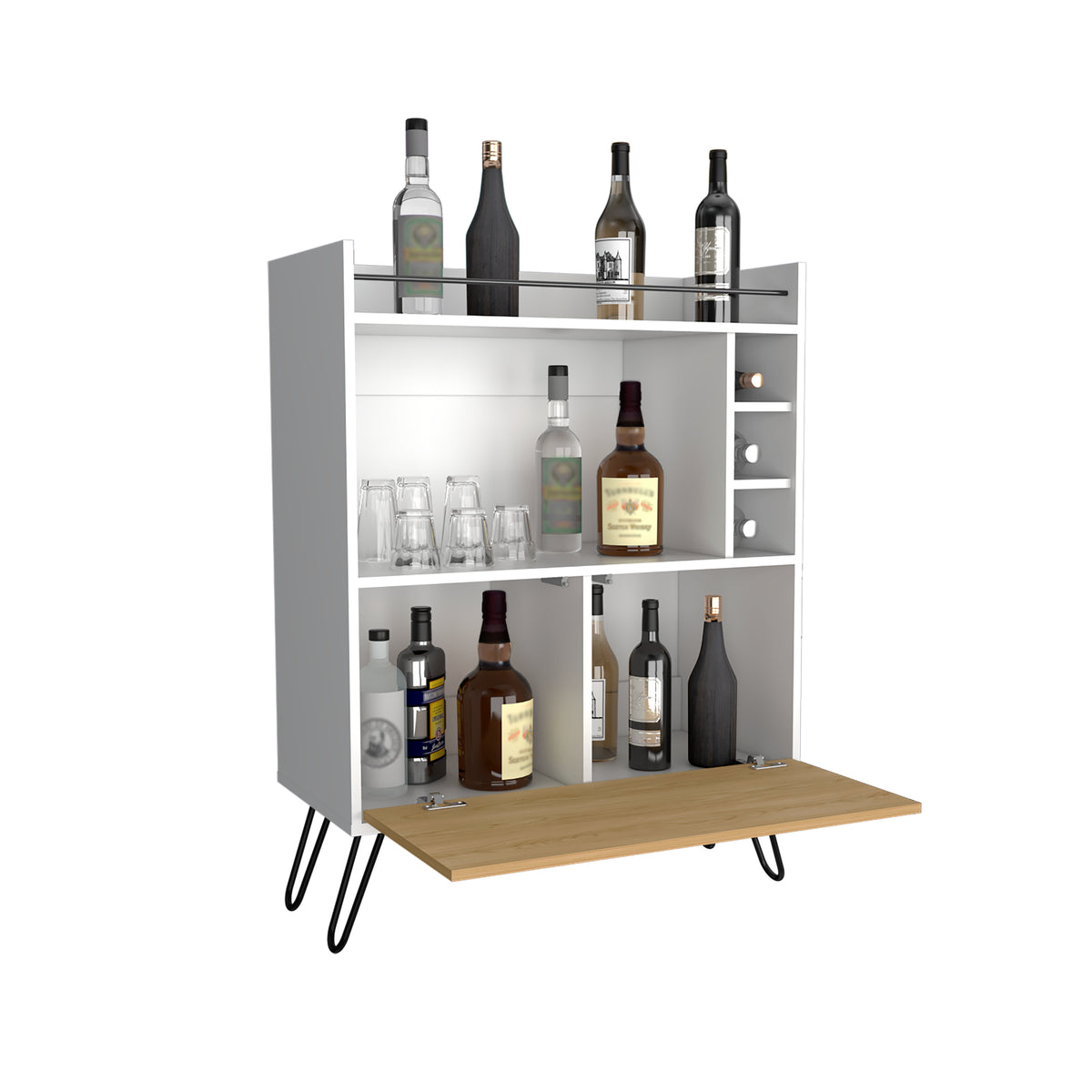 Bar Tori Blanco Marquez y Fresno 80x107.1cm con Cuatro Compartimientos y Tres Portabotellas