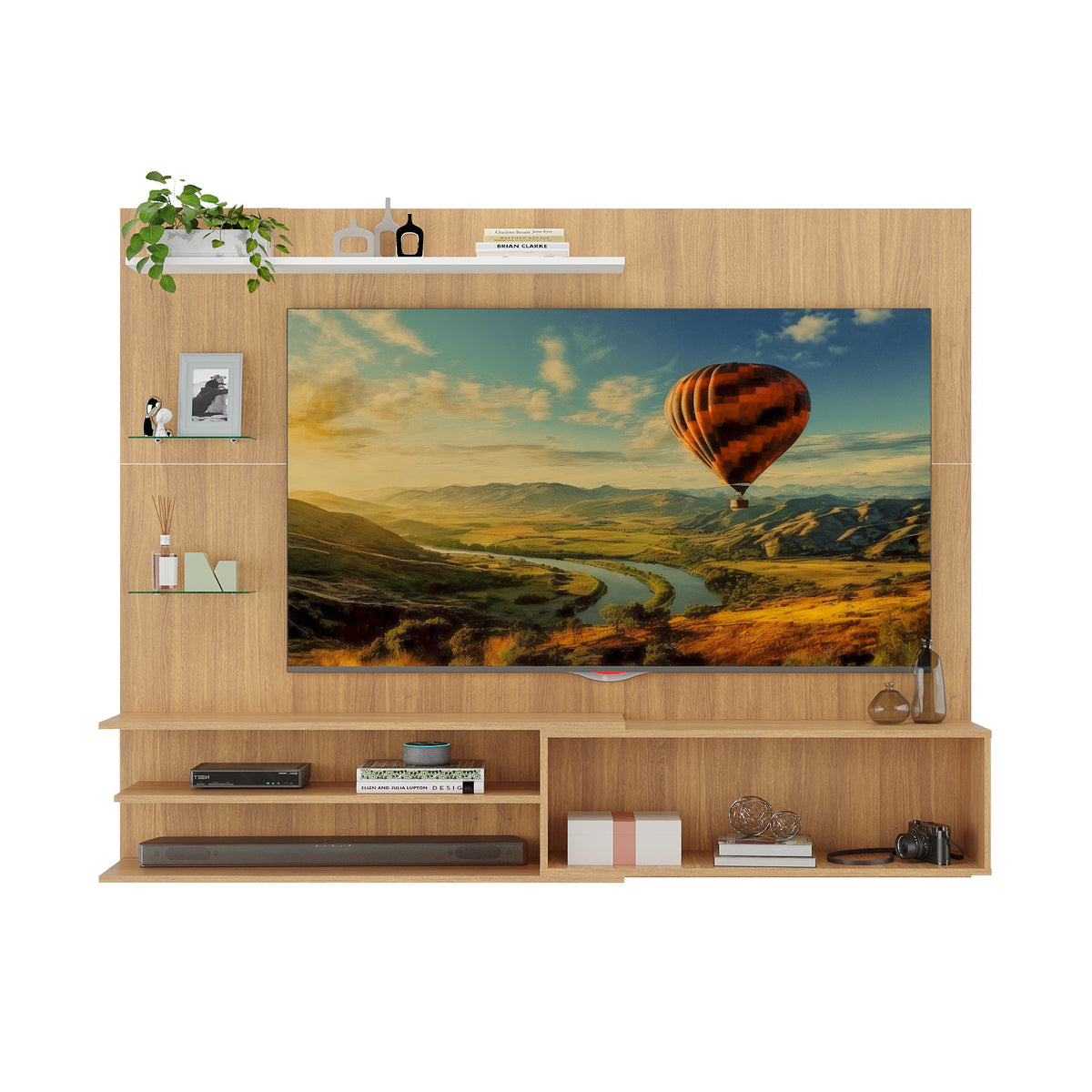 Centro de Entretenimiento Rio Castaño 180x141cm para TV Hasta 65" Pulgadas con Dos Compartimientos y con Ranura para Cables