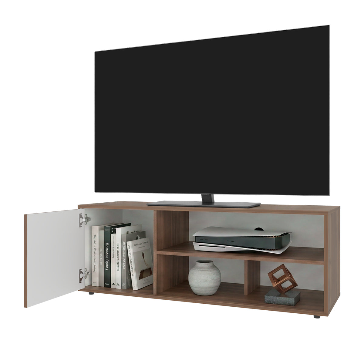 Rack de TV Noah Gales y Blanco 120x44cm para TV Hasta 55" Pulgadas con Tres Compartimientos y con Ranura para Cables