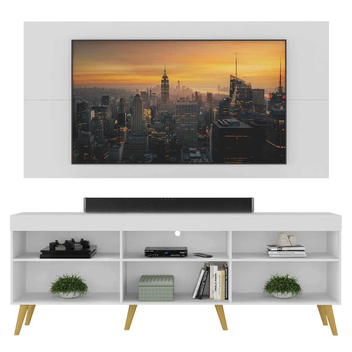Combo Rack con Panel de Tv Florida Blanco 175x63cm para TV Hasta 65" Pulgadas con Cinco Compartimientos y con Ranura para Cables