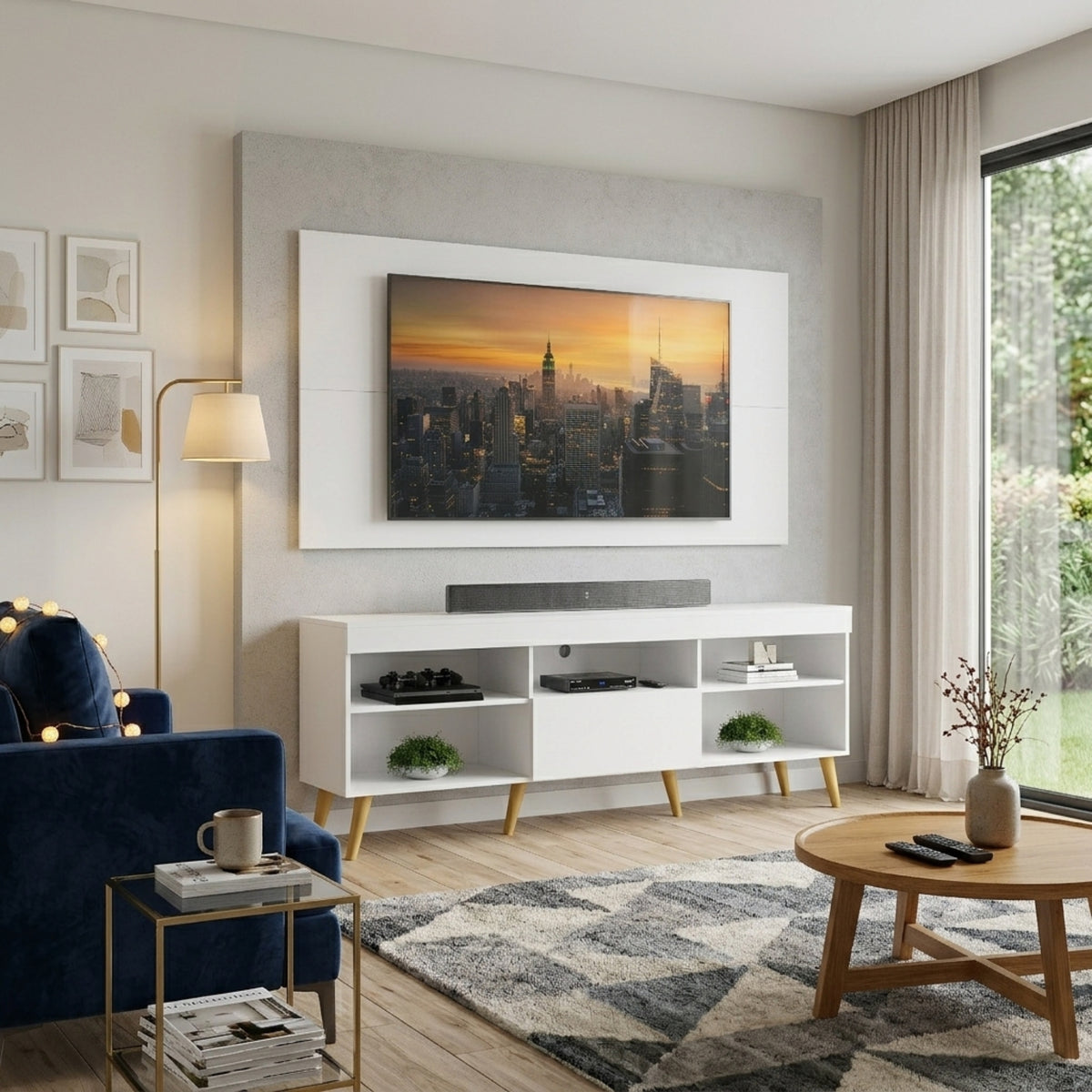 Combo Rack con Panel de Tv Florida Blanco 175x63cm para TV Hasta 65" Pulgadas con Cinco Compartimientos y con Ranura para Cables
