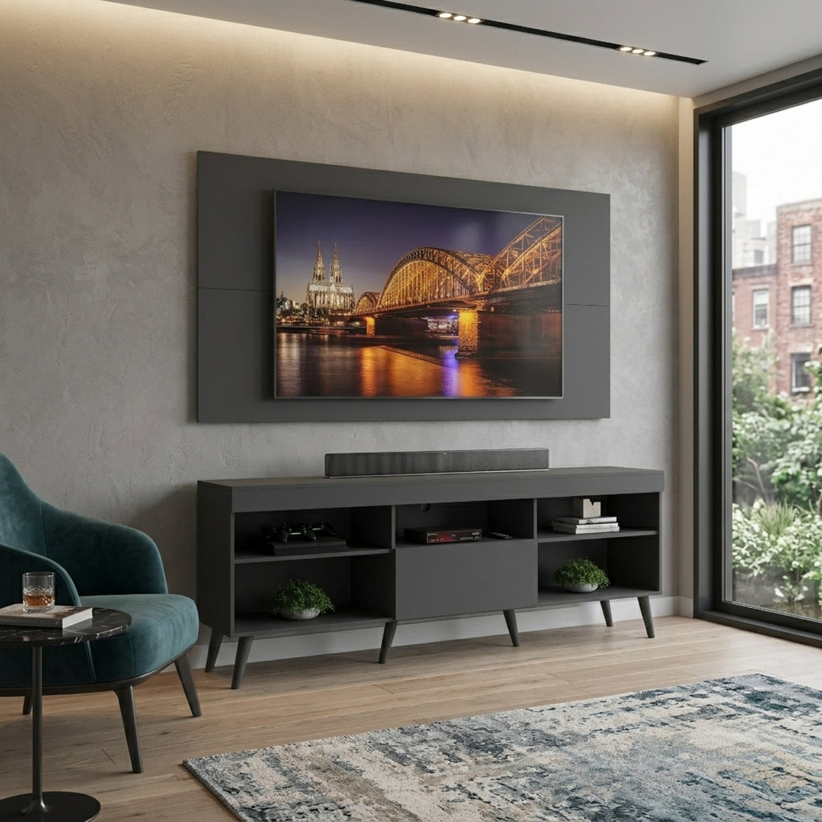 Combo Rack con Panel de Tv Moscow Negro 175x63cm para TV Hasta 65" Pulgadas con Cinco Compartimientos y con Ranura para Cables