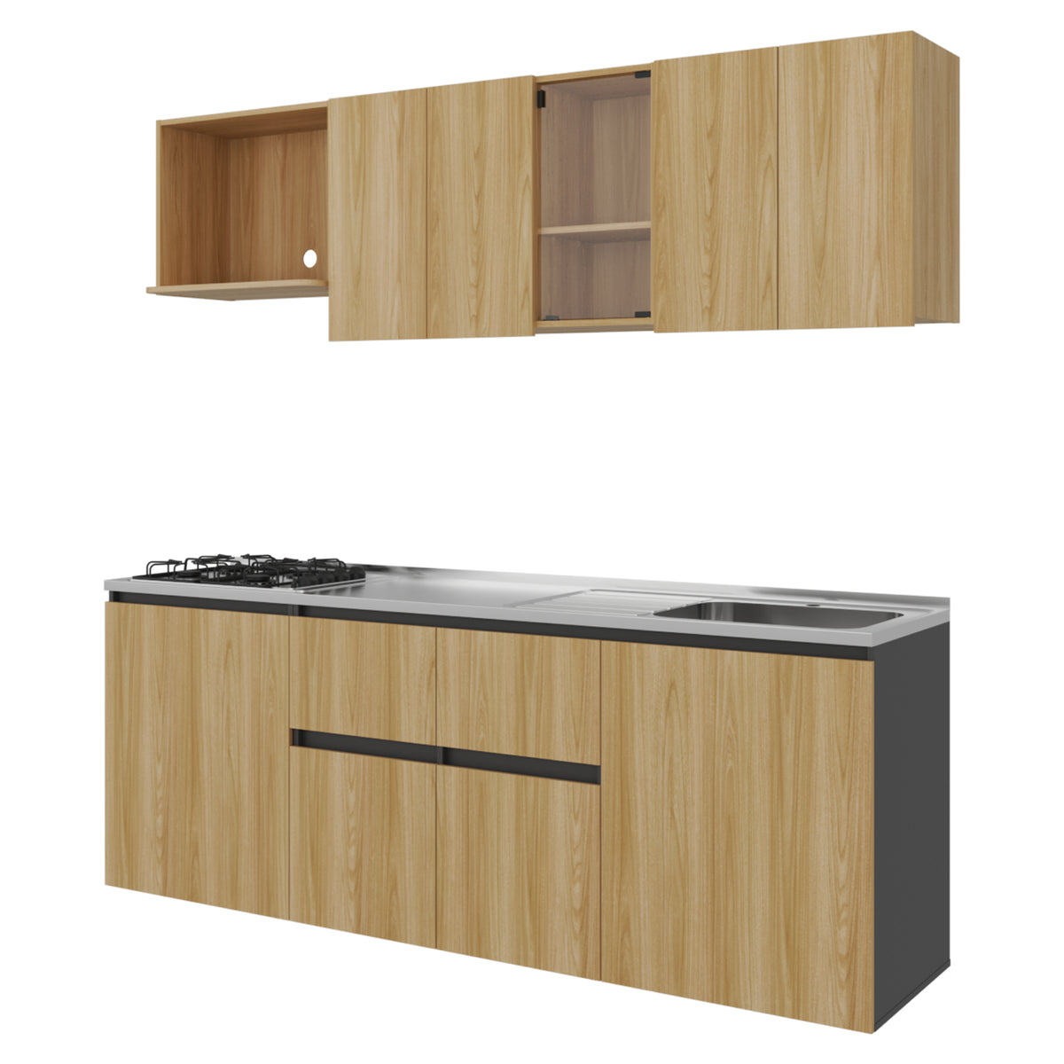 Cocina Amantia Fresno Europeo 212x208cm con Mesón de Acero Inoxidable con Pozuelo Lado Derecho y con Estufa