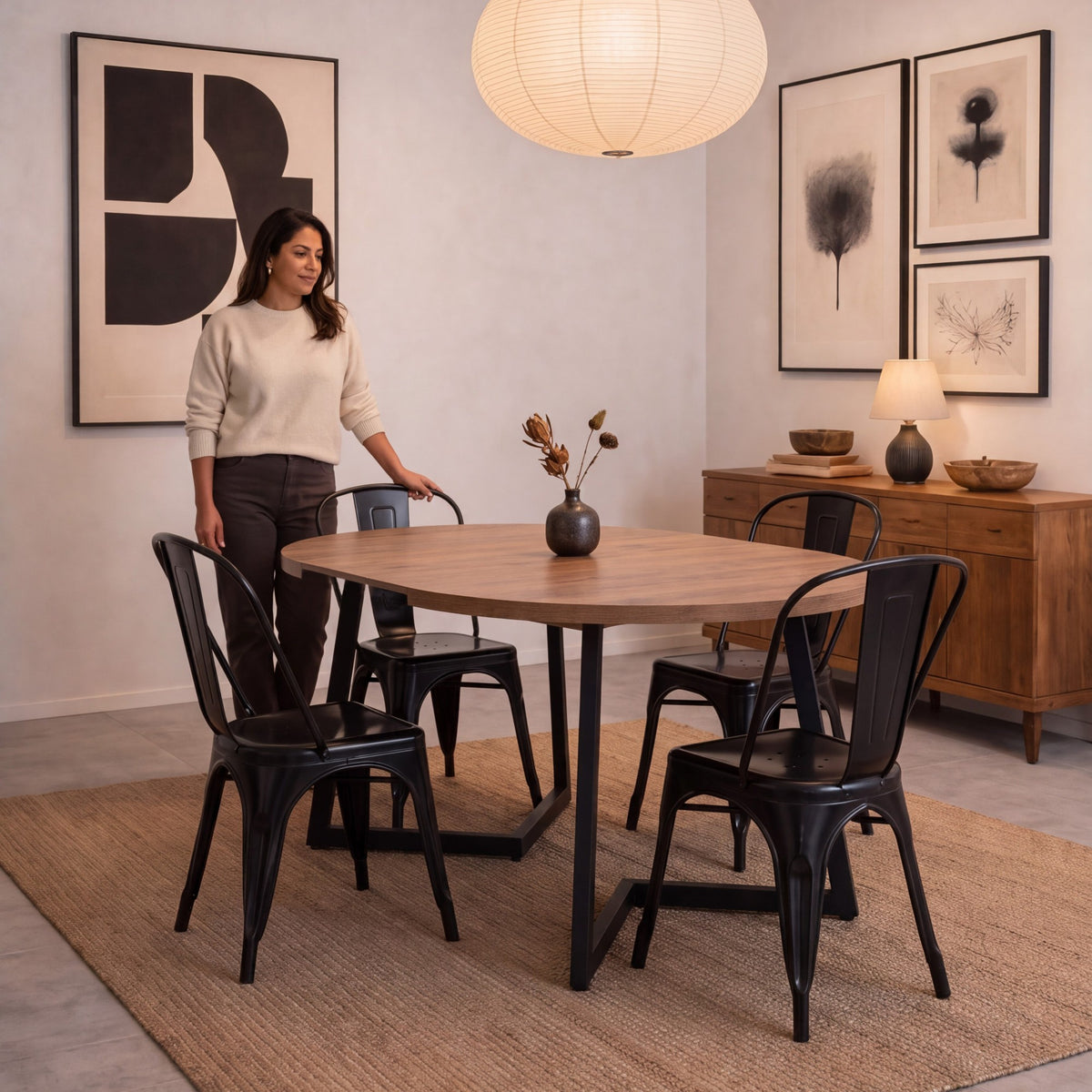 Mesa de Comedor Emet Mácula y Metálico Negro 105x71cm Circular Extensible de Seis Puestos sin Sillas