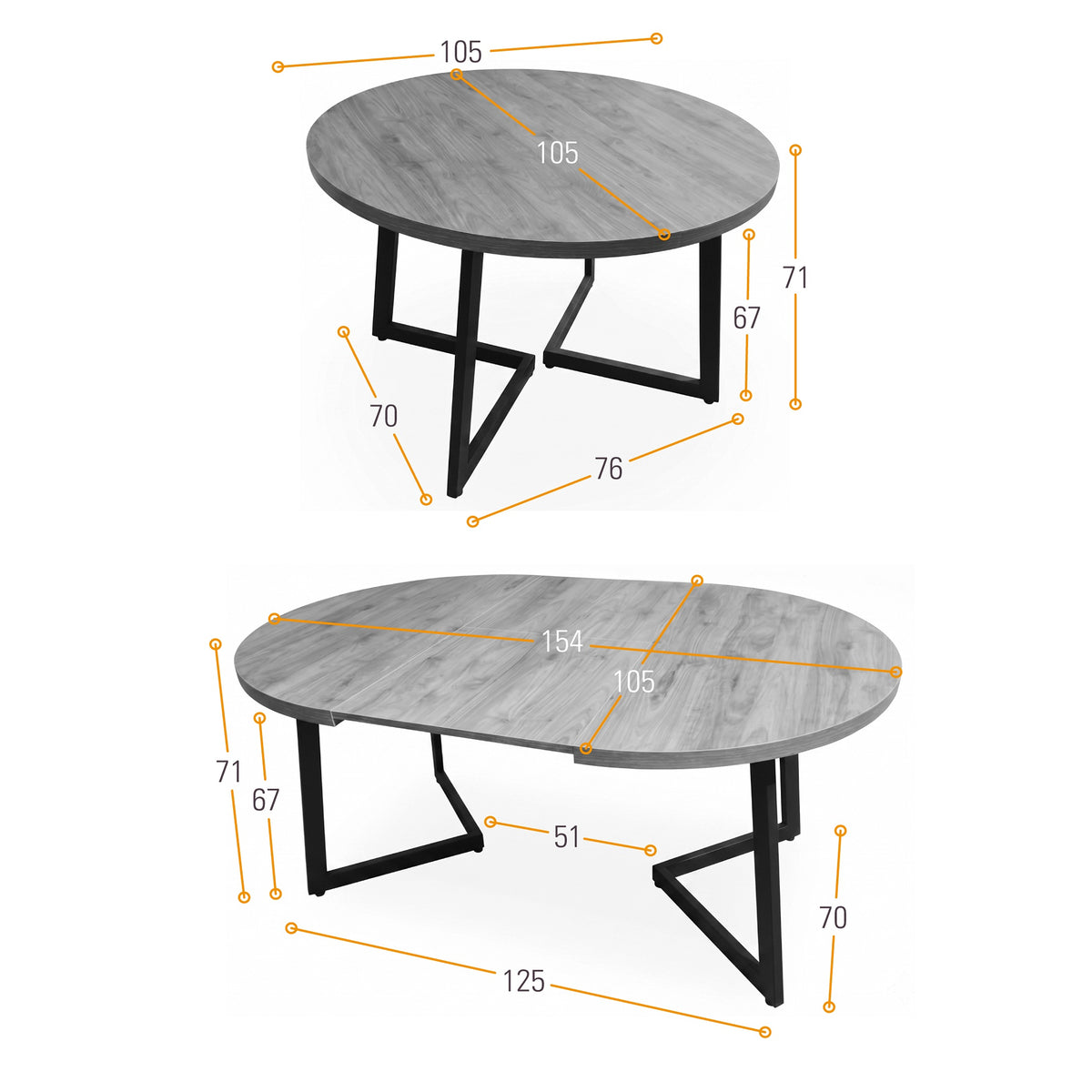 Mesa de Comedor Emet Mácula y Metálico Negro 105x71cm Circular Extensible de Seis Puestos sin Sillas