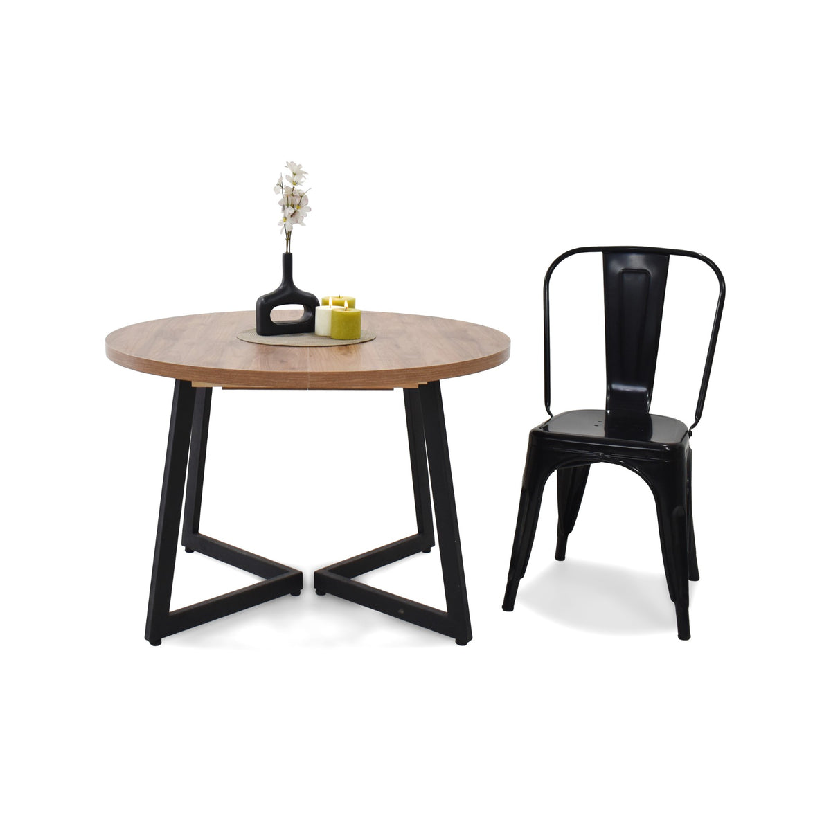 Juego de comedor Emet Mácula y Metálico Negro 105x71cm Circular Extensible de Seis Puestos con Cuatro Sillas