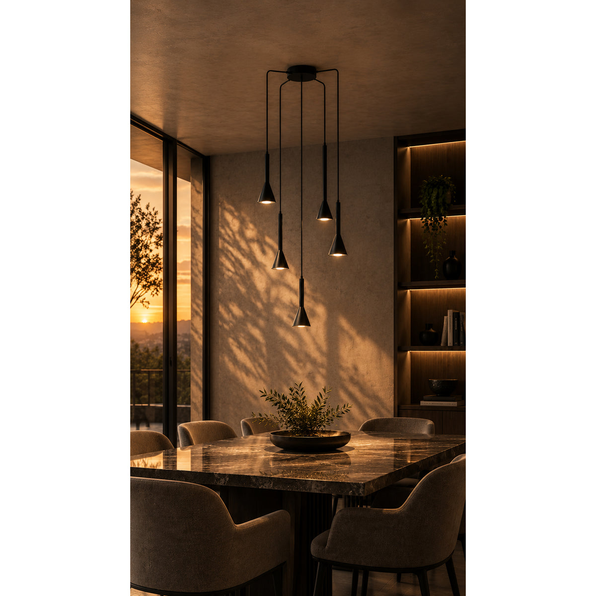 Lámpara de Techo Harmonie Negro 11x150cm de Cinco Luces Ajustable de Luz Cálida con Bombillo LED