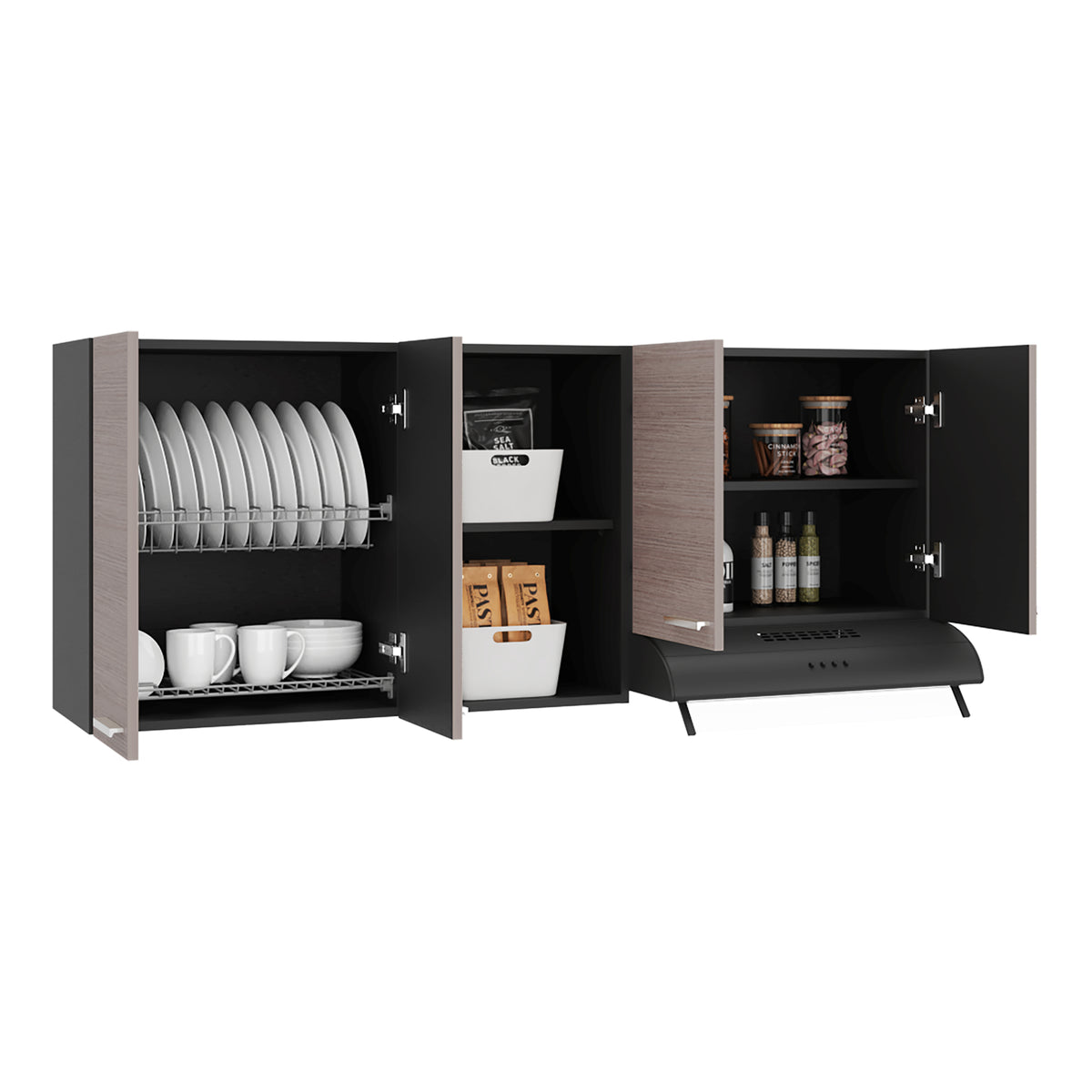 Mueble Superior de Cocina Rosa Wengue y Positano 200x200cm con Cuatro Puertas con Espacio para Extractor Lado Derecho y con Locero