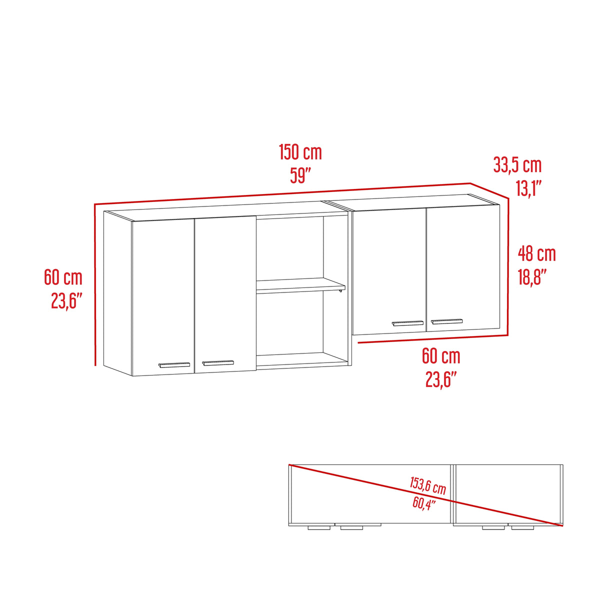Mueble Superior de Cocina Rosa Wengue y Positano 200x200cm con Cuatro Puertas con Espacio para Extractor Lado Derecho y con Locero