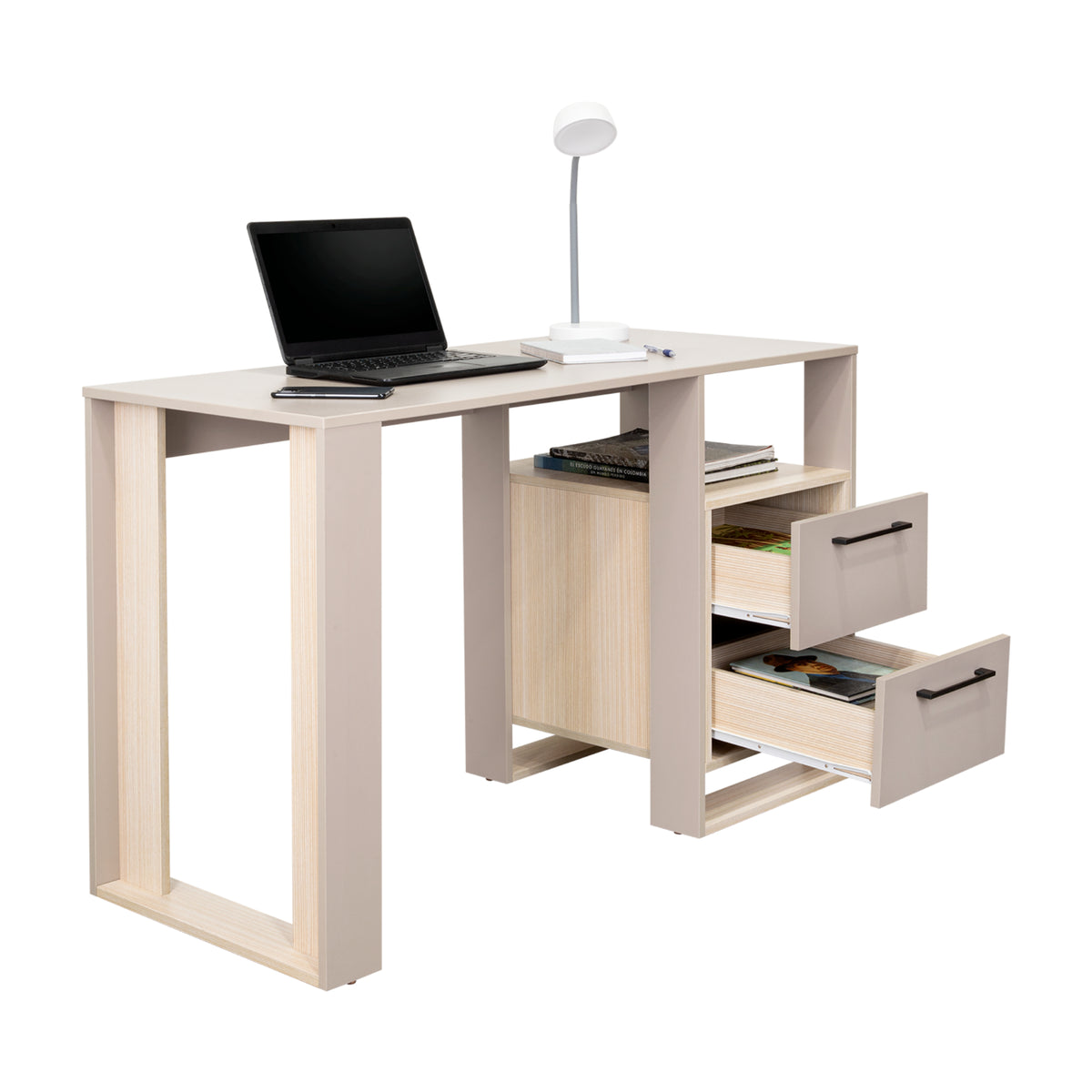 Escritorio Verlot Taupe Mallado 52x75cm con Dos Cajones y con Organizador de Libros