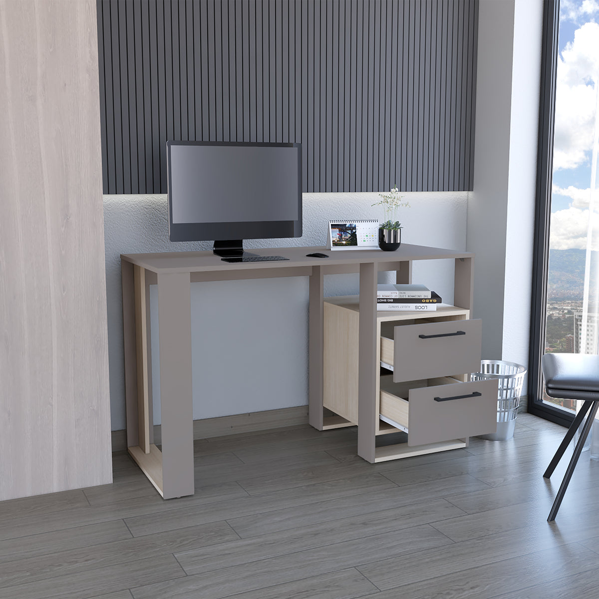 Escritorio Verlot Taupe Mallado 52x75cm con Dos Cajones y con Organizador de Libros