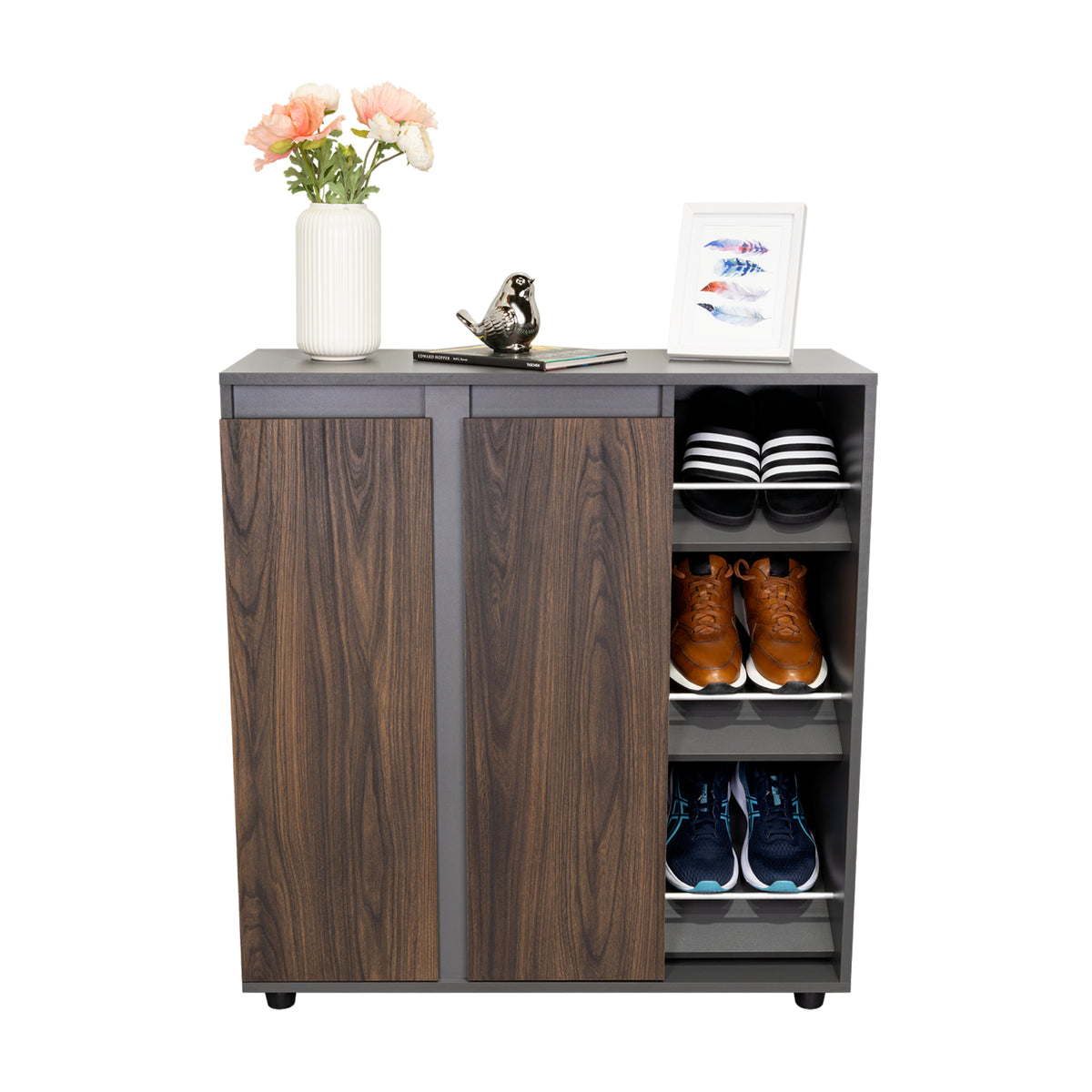 Zapatero Houck Plomo Y Nogal 86.5x91.5cm Vertical de Tres Niveles para Once Zapatos
