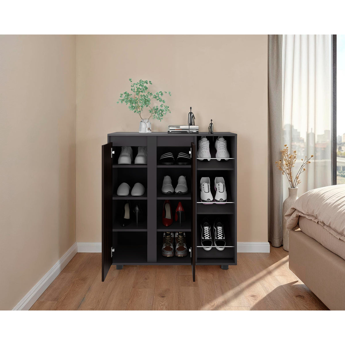 Zapatero Houck Plomo Y Nogal 86.5x91.5cm Vertical de Tres Niveles para Once Zapatos