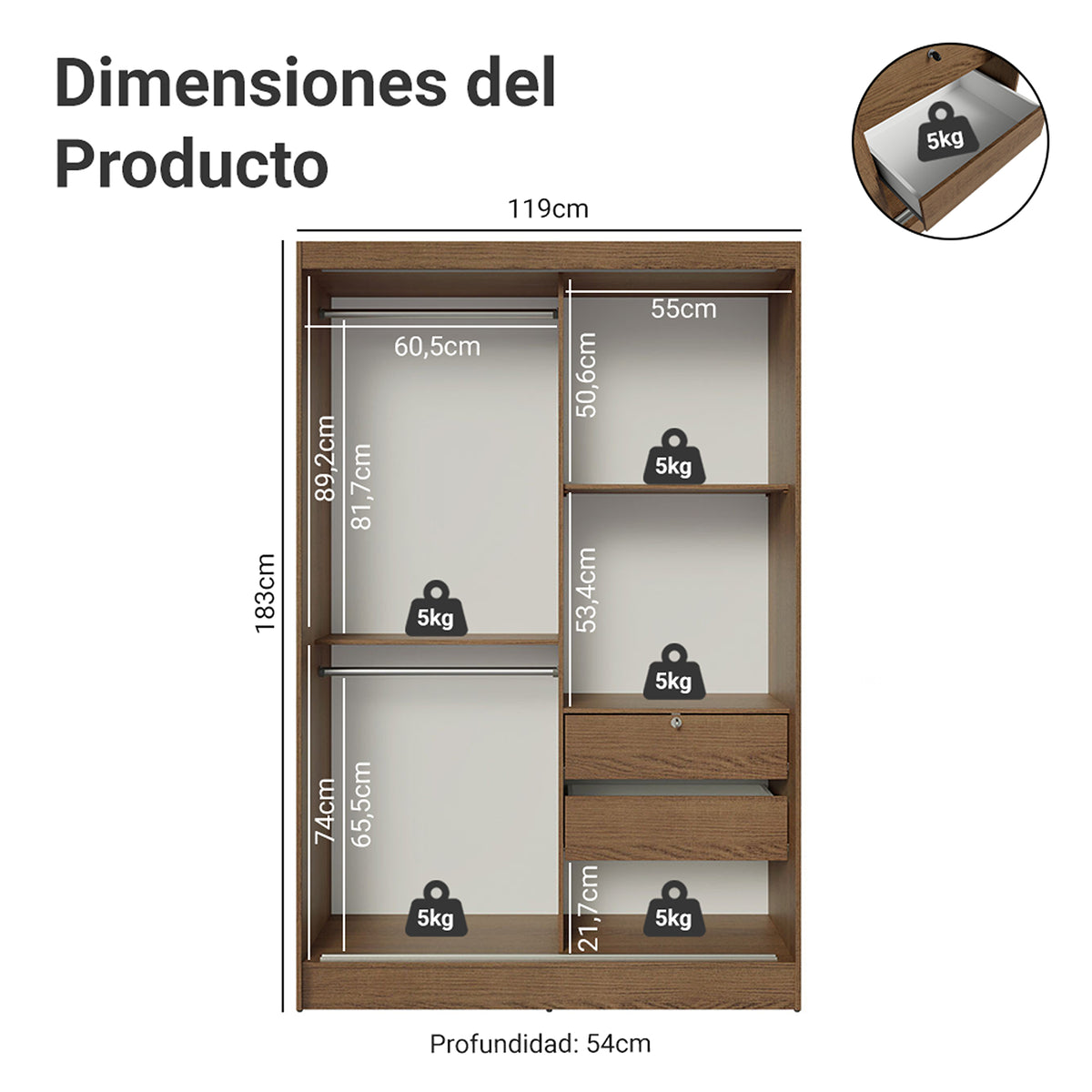 Closet Luke Marron 120x183cm sin Espejo y con Dos Cajones
