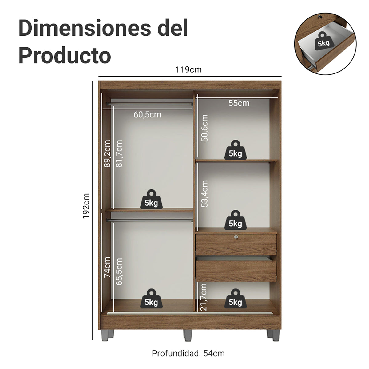 Closet Luke Marron 120x192cm con Un Espejo con Dos Cajones y con Tres Entrepaños