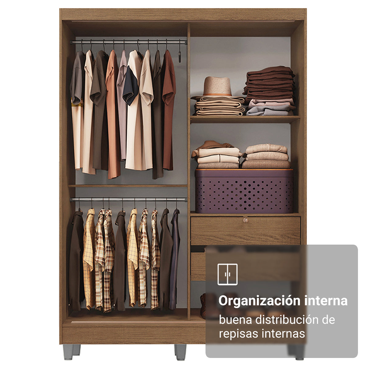 Closet Luke Marron 120x192cm con Espejo con Dos Cajones y con Tres Entrepaños