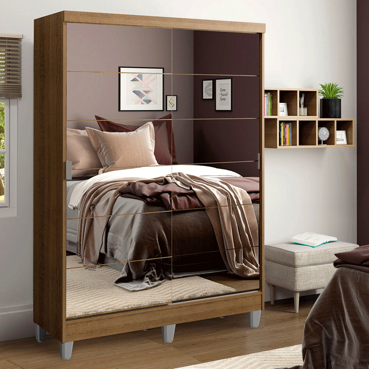 Closet Luke Marron 120x192cm con Espejo con Dos Cajones y con Tres Entrepaños
