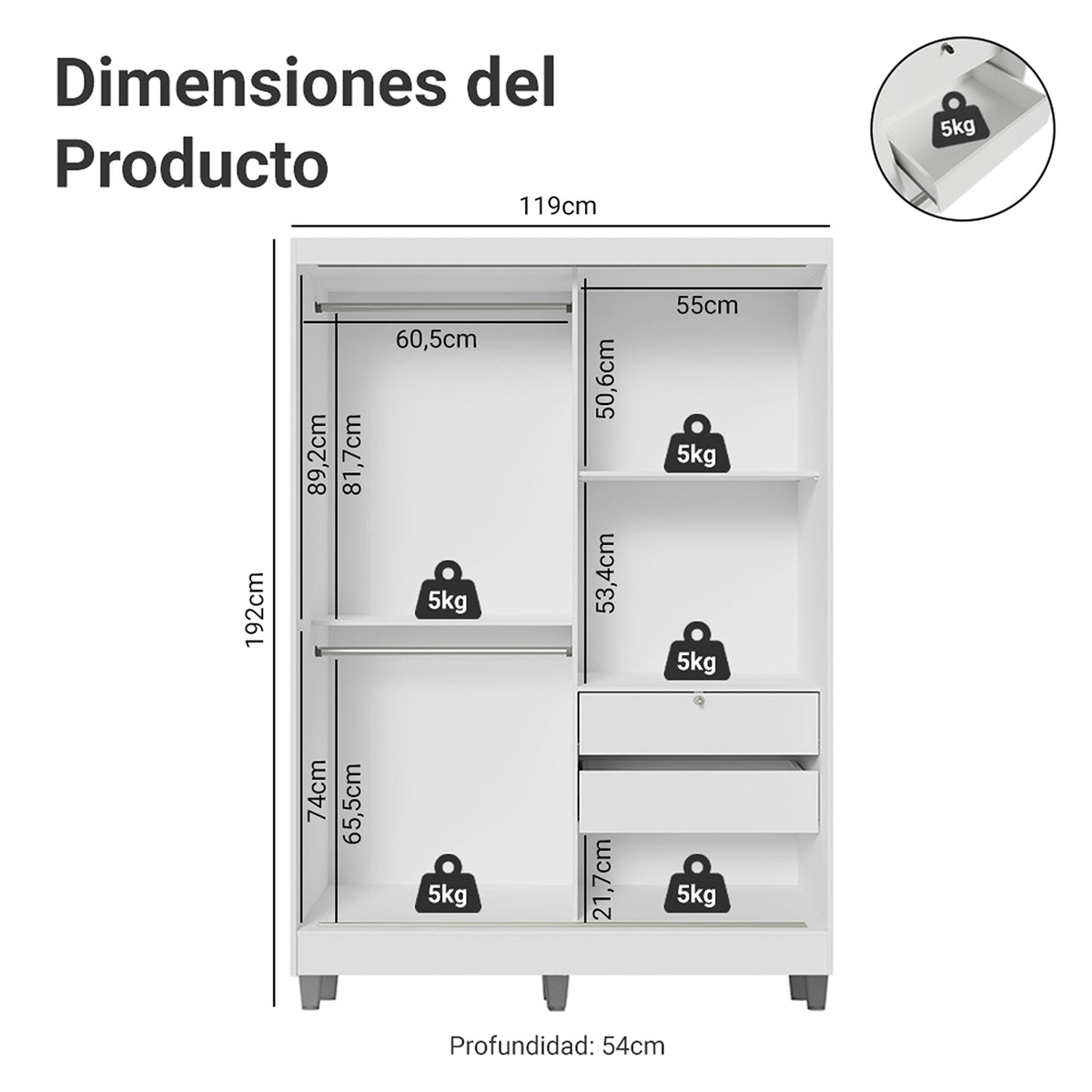 Closet Luke Blanco 120x192cm con Un Espejo con Dos Cajones y con Tres Entrepaños