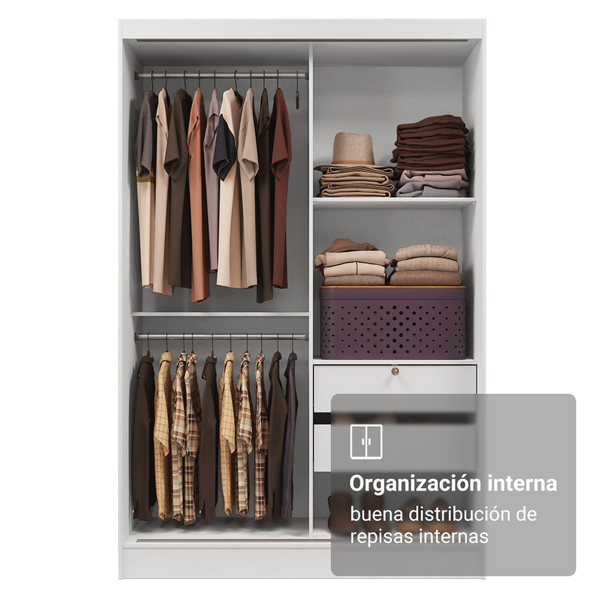 Closet Max Blanco 119x183cm con Espejo con Dos Cajones y con Tres Entrepaños