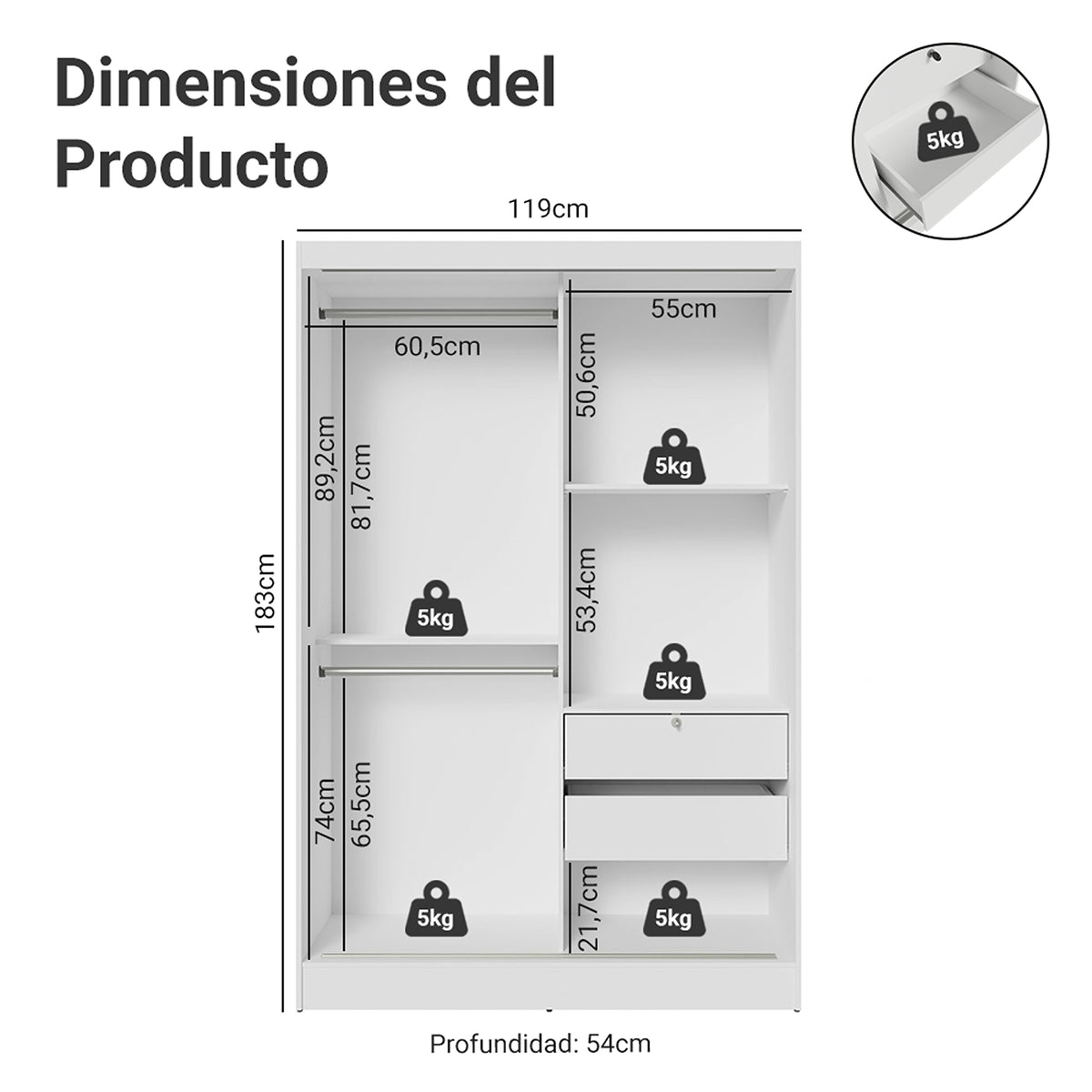 Closet Max Blanco 119x183cm con Espejo con Dos Cajones y con Tres Entrepaños