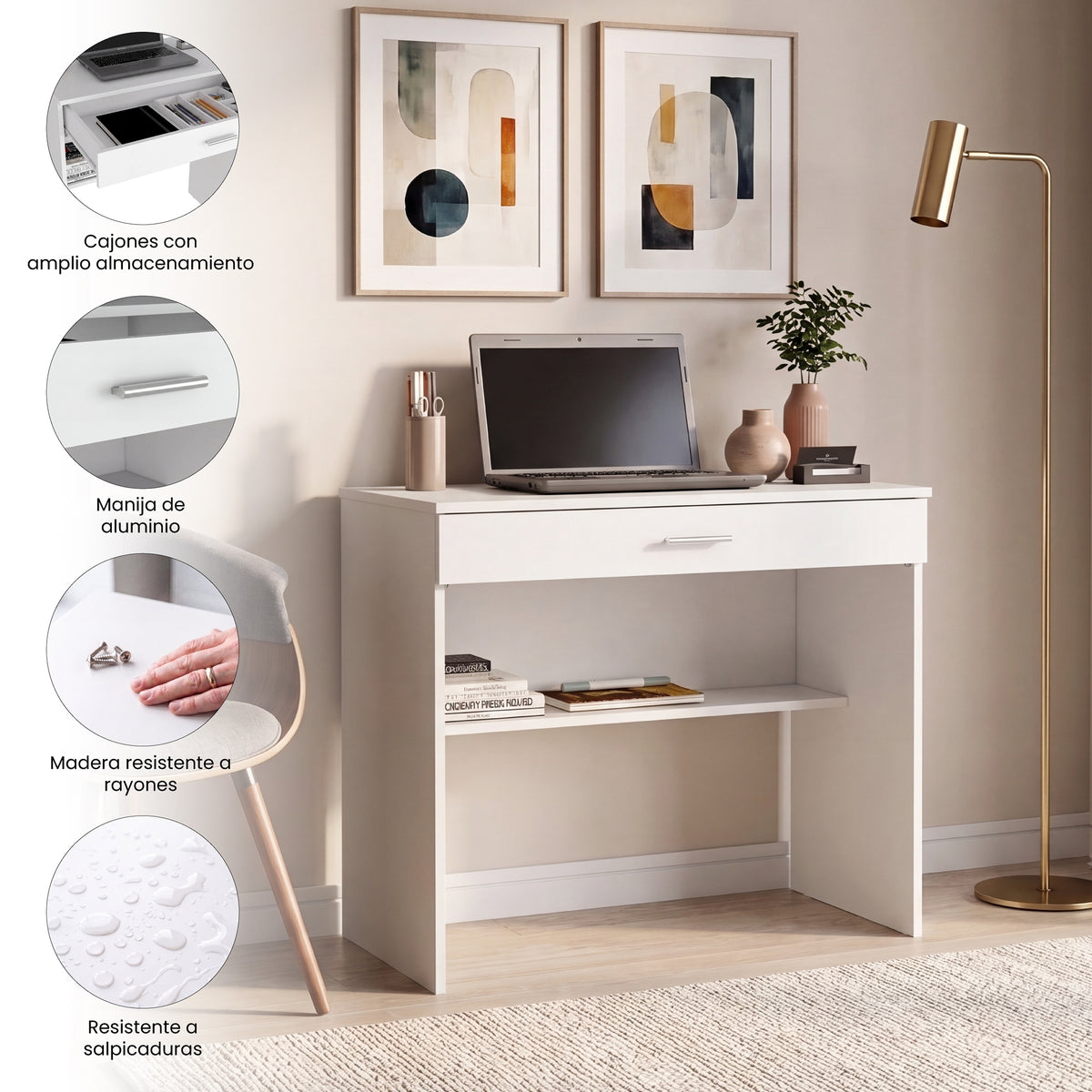 Escritorio Edificie Blanco 80 cm con Cajón y Entrepaño