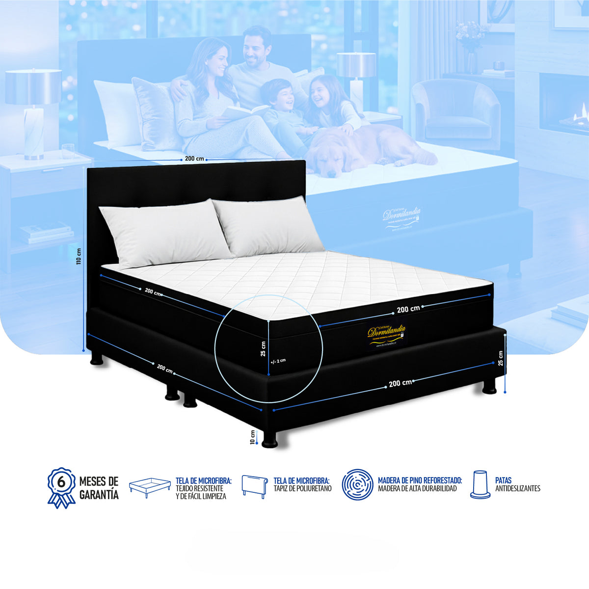 Combo Colchón y Base Cama Versalles Negro King 200 X 200 Cm Medio Suave Ortopédico e Hipoalergénico