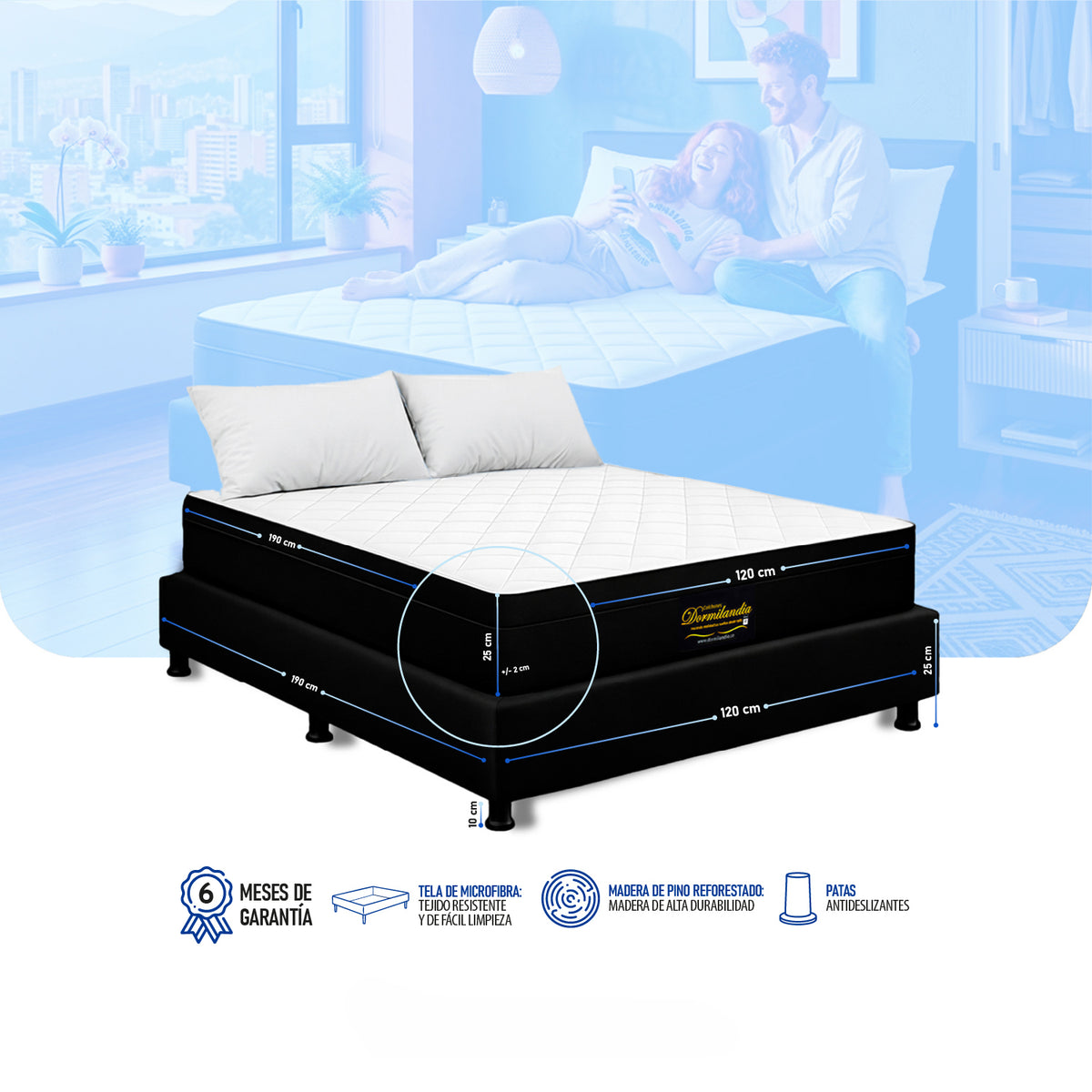 Combo Base Cama y Colchón Enrollado Versalles Blanco y Negro Semidoble 120 X 190 Cm Medio Suave
