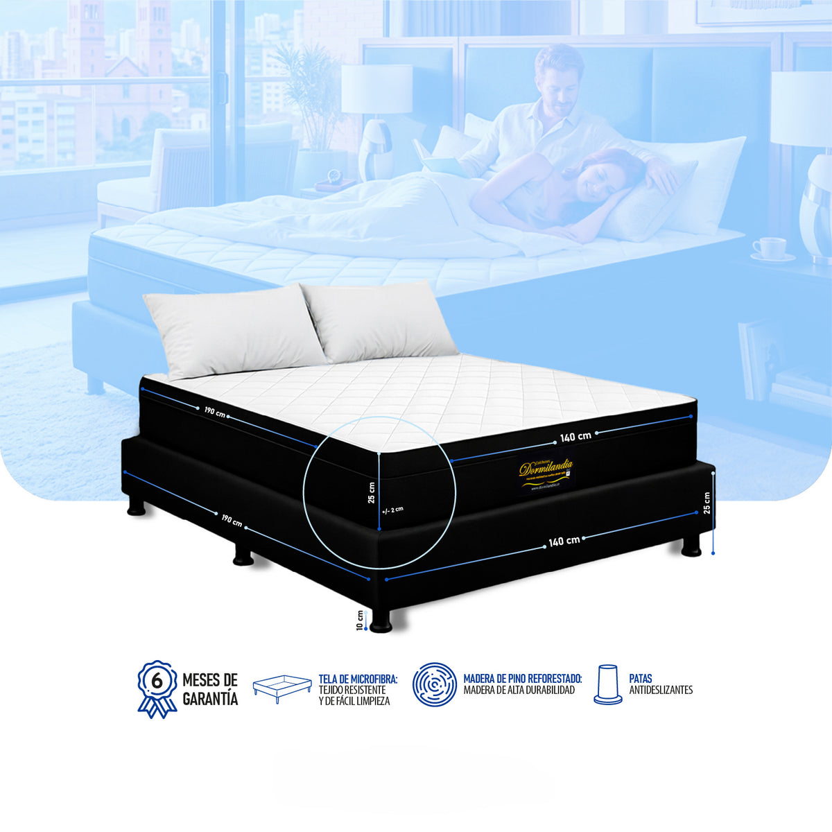 Combo Base Cama y Colchón Enrollado Versalles Blanco y Negro Doble 140 X 190 Cm Medio Suave