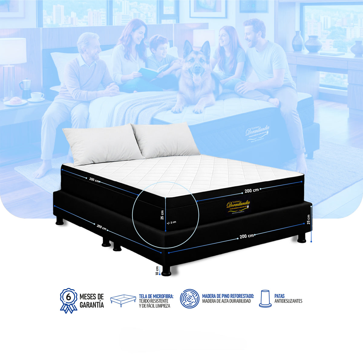Combo Base Cama y Colchón Versalles Blanco y Negro King 200 X 200 Cm Medio Suave