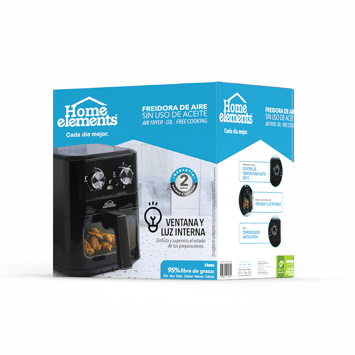 Freidora de Aire Home Elements Negro y Plata 23.2x29.6cm de 4 Litros