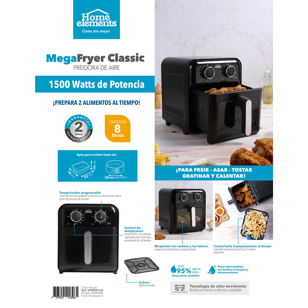 Freidora de Aire Home Elements Megafryer Classic Negro y Plata 33x30.2cm de 8 Litros