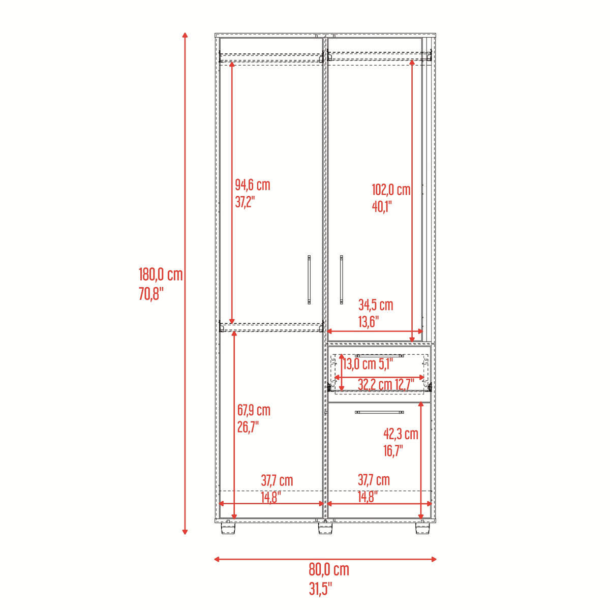 Closet Vance Fresno Europeo y Capri 80x180cm con Una Puertas y con Cuatro Entrepaños