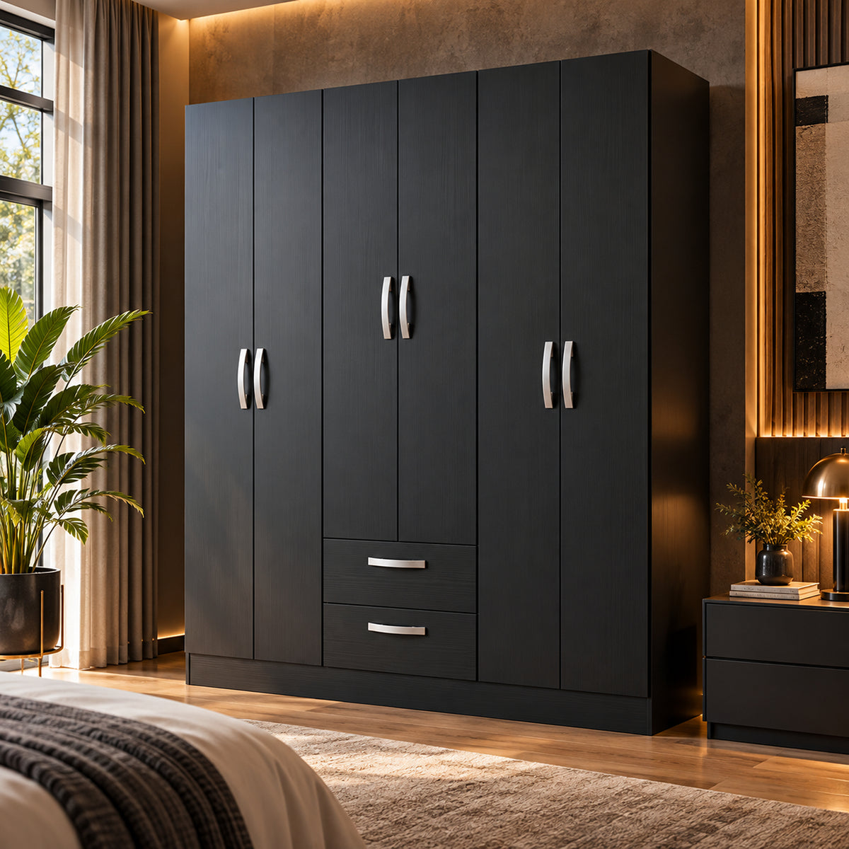 Closet Negro Mate 135x173cm con Seis Puertas y con Tres Entrepaños