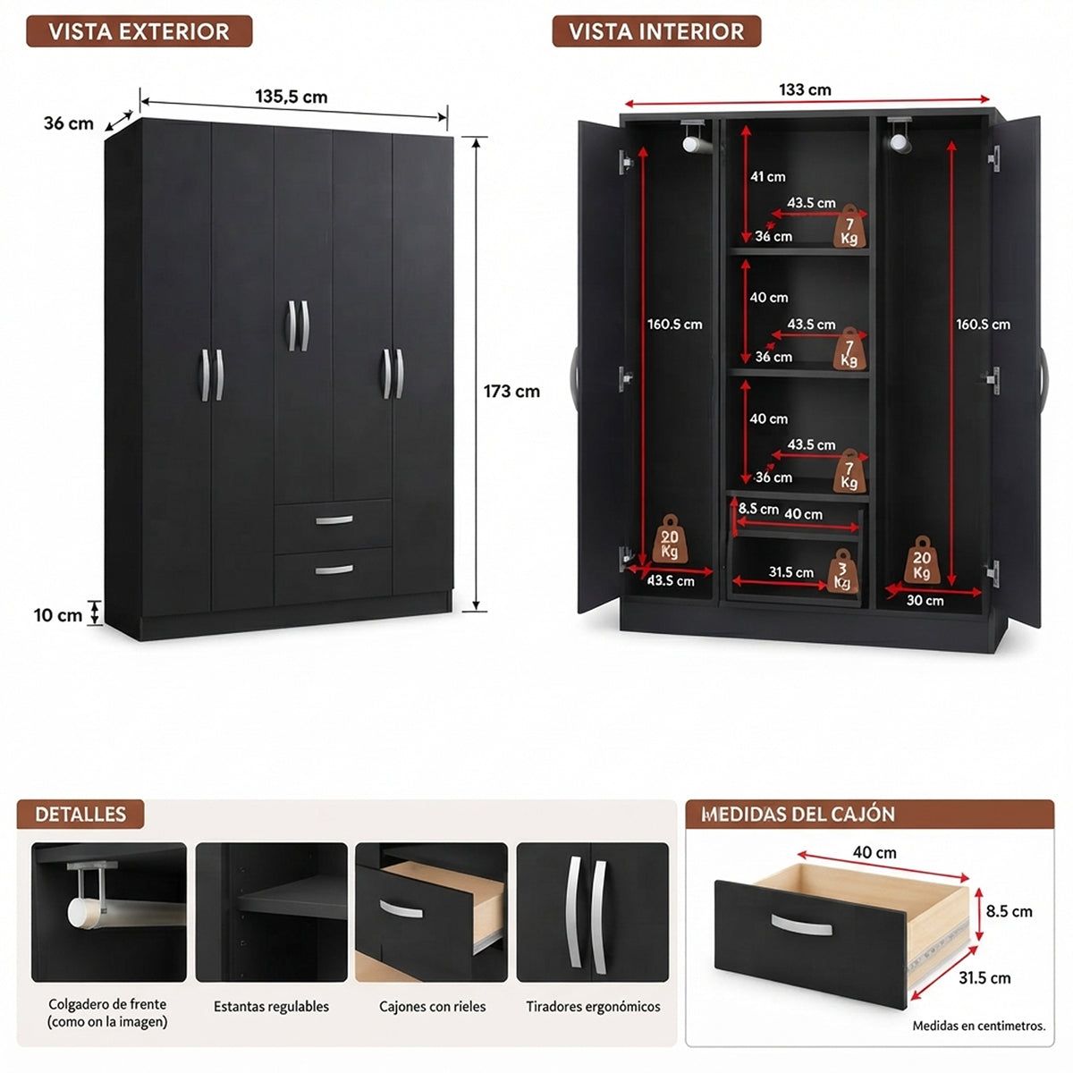 Closet Negro Mate 135x173cm con Seis Puertas y con Tres Entrepaños