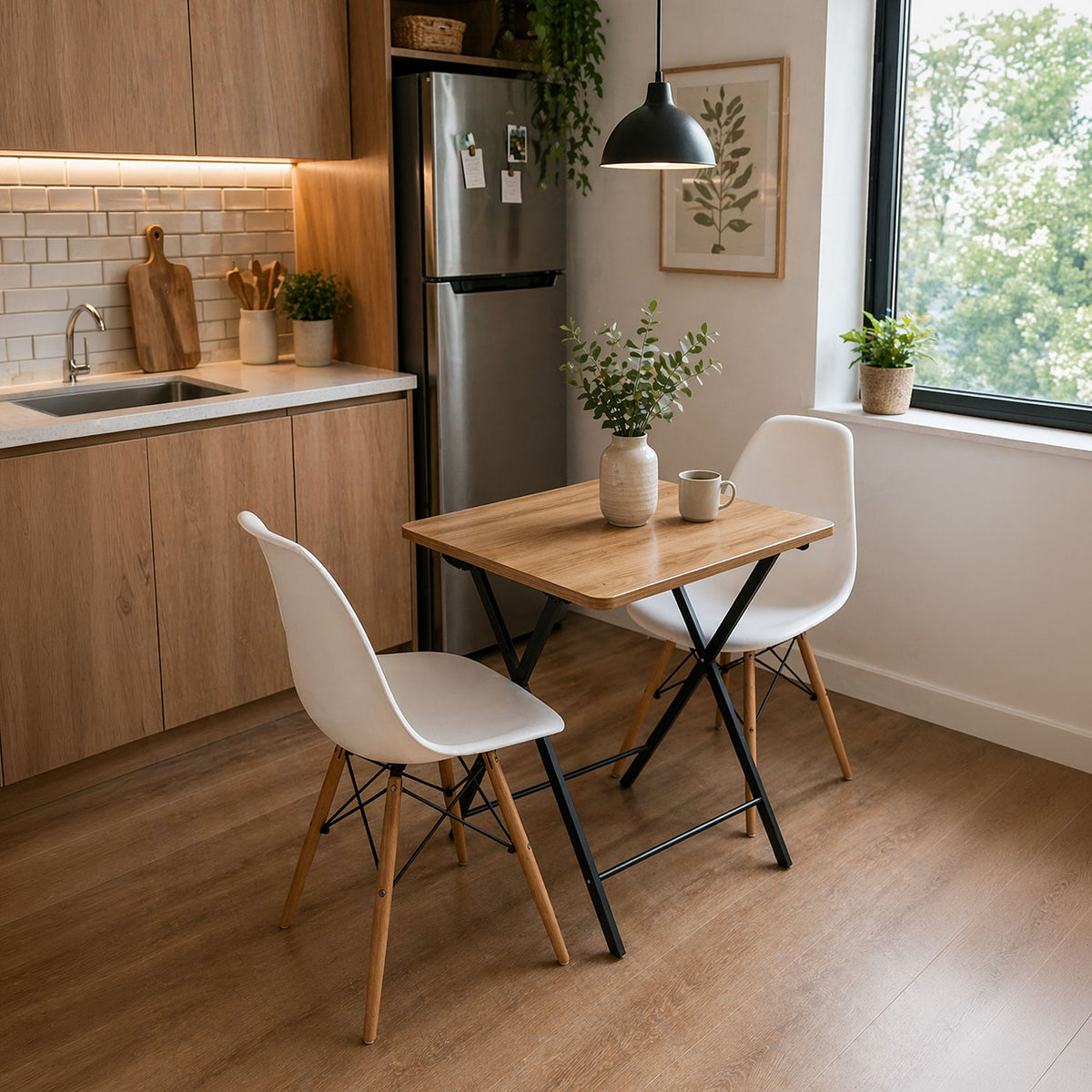 Mesa Auxiliar Elsa Madera Natural y Negro 60x5cm Cuadrado con Patas Apilable y Plegable