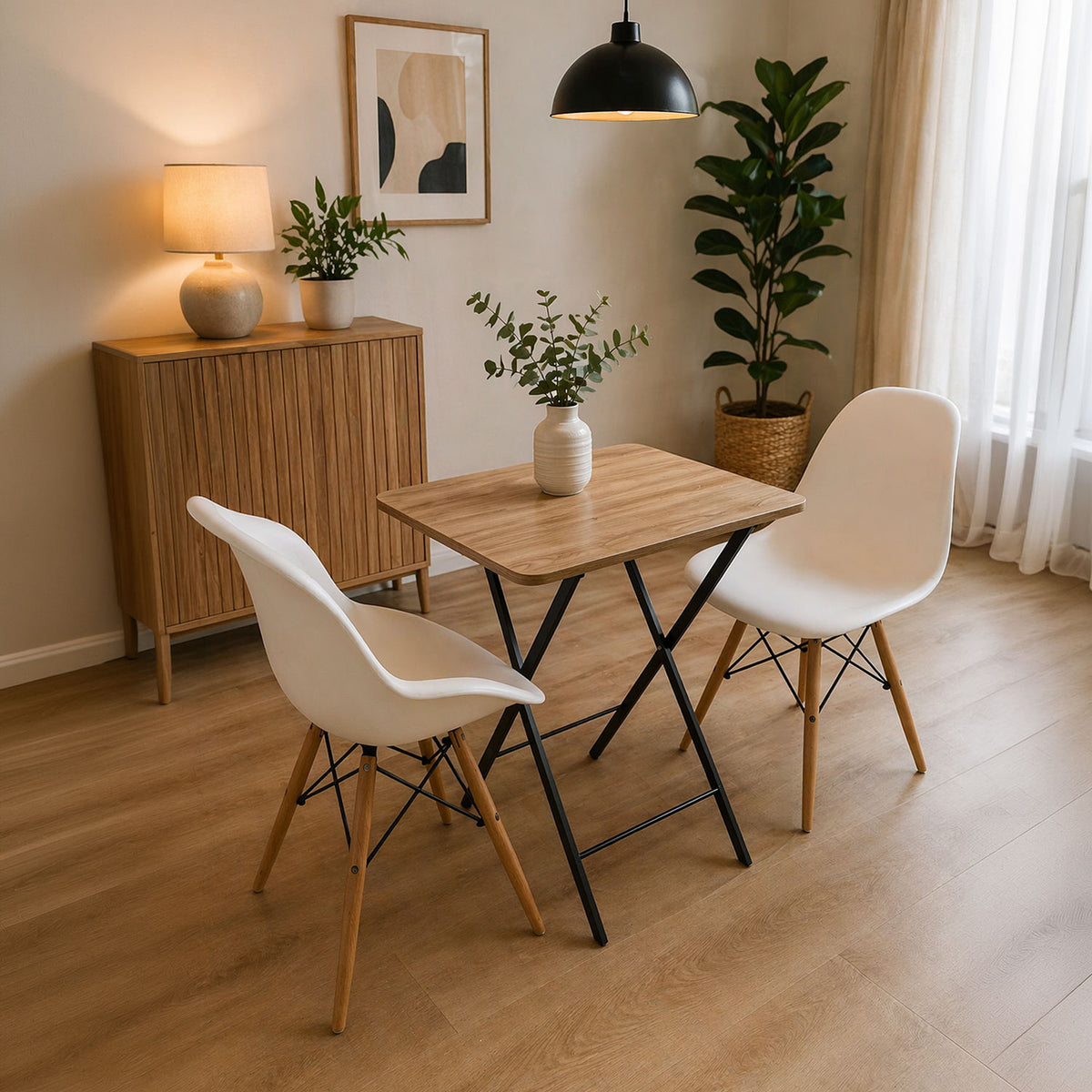 Mesa Auxiliar Elsa Madera Natural y Negro 60x5cm Cuadrado con Patas Apilable y Plegable